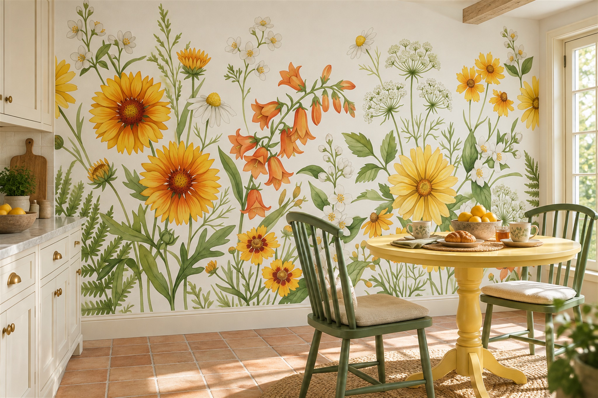Yellow Floral Botanical Wallpaper Mural Dining-room-wallpaper-murals, Shown In A Dining Room, Peel-and-stick Finish