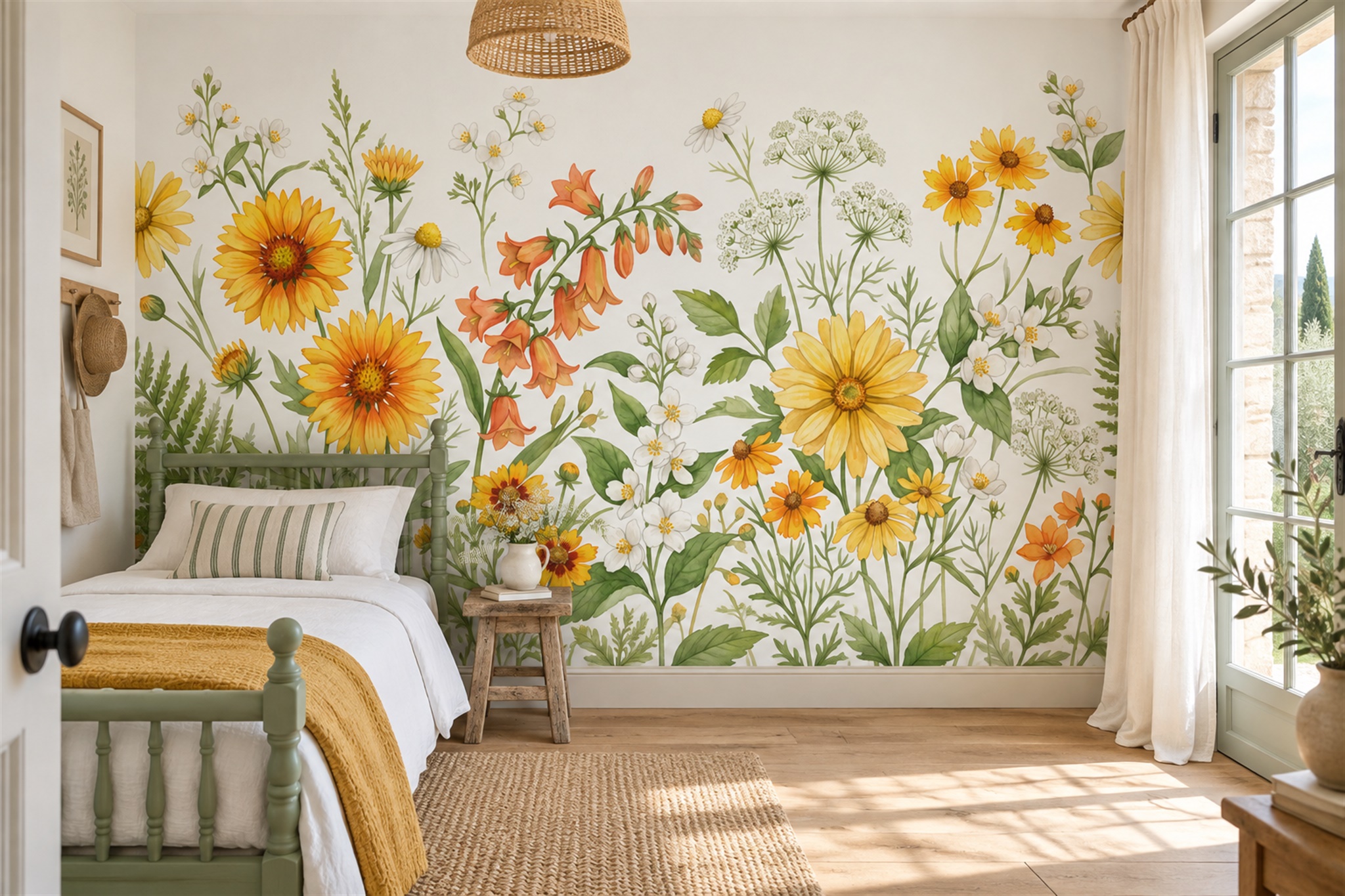 Yellow Floral Botanical Wallpaper Mural Feature-wall-wallpaper-murals, Peel-and-stick Finish