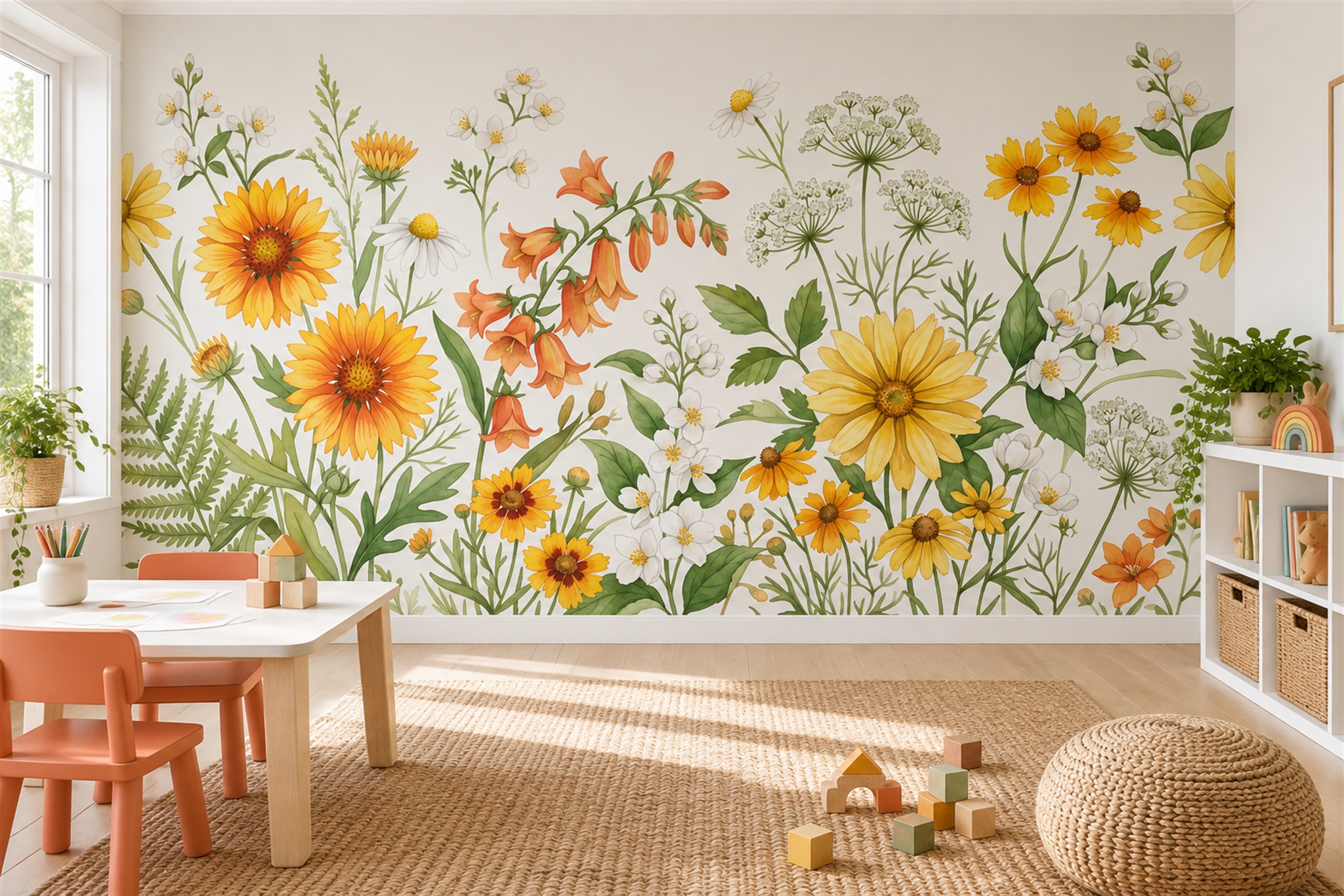 Yellow Floral Botanical Wallpaper Mural Feature-wall-wallpaper-murals, Peel-and-stick Finish