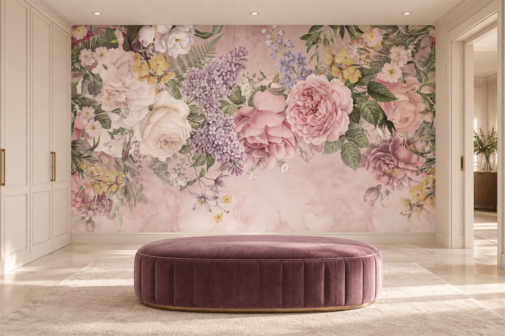 Pink Peony Botanical Wallpaper Mural Accent-wall-wallpaper-murals, Peel-and-stick Finish
