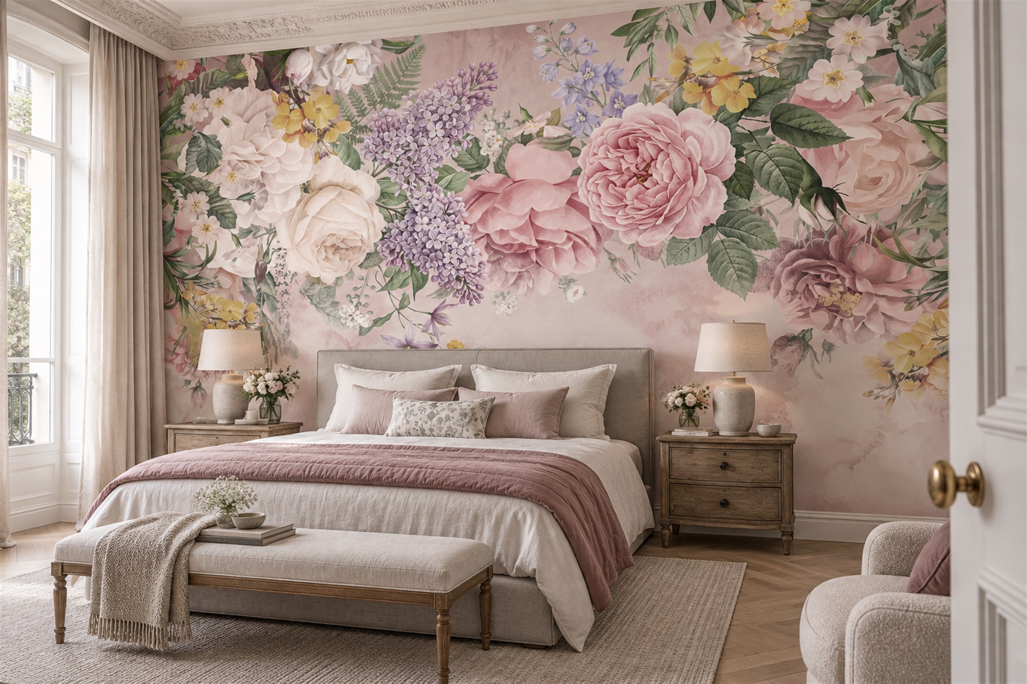 Pink Peony Botanical Wallpaper Mural Bedroom-wallpaper-murals, Peel-and-stick Finish