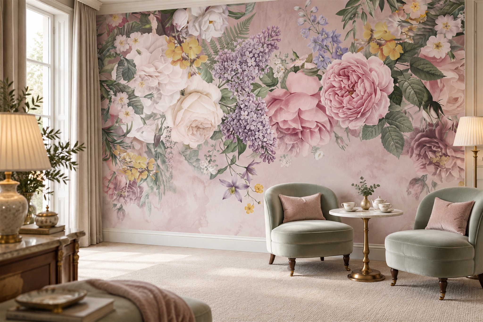 Pink Peony Botanical Wallpaper Mural Accent-wall-wallpaper-murals, Peel-and-stick Finish