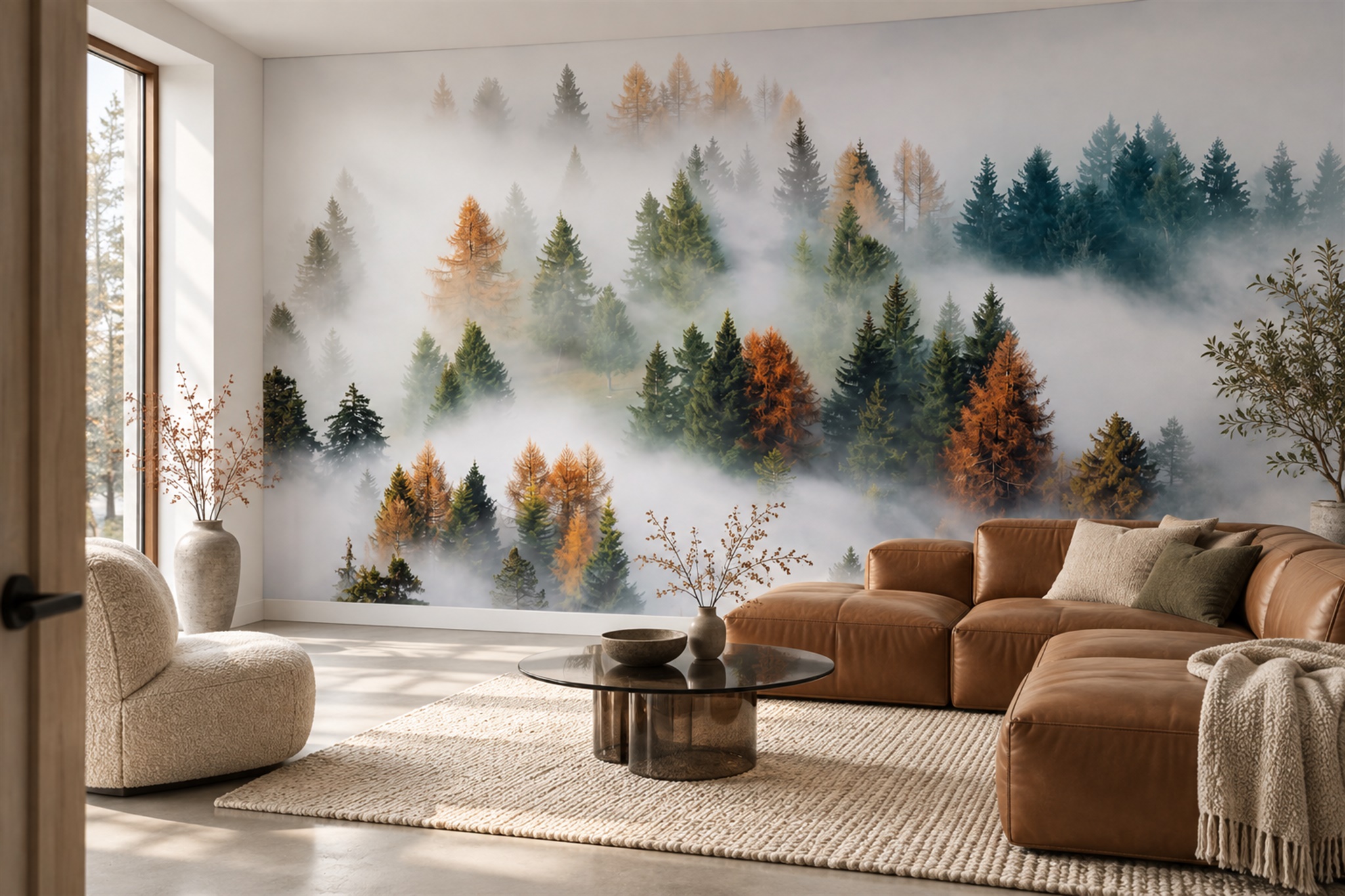 Teal Misty Forest And Golden Trees Wallpaper Mural — Wallpaper Mural Design, Peel-and-stick Finish