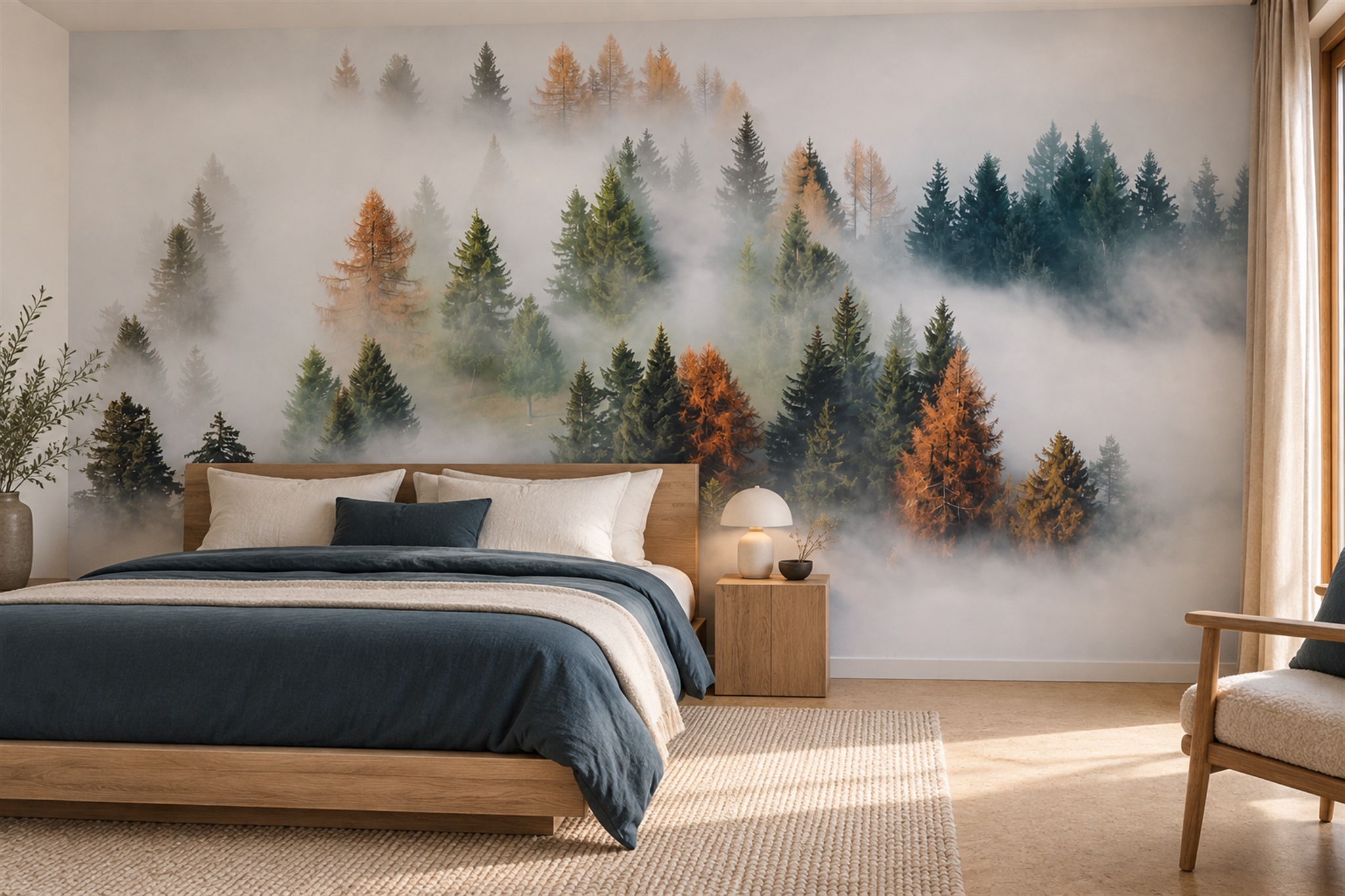 Teal Forest Scenic Wallpaper Mural Bedroom-wallpaper-murals, Peel-and-stick Finish
