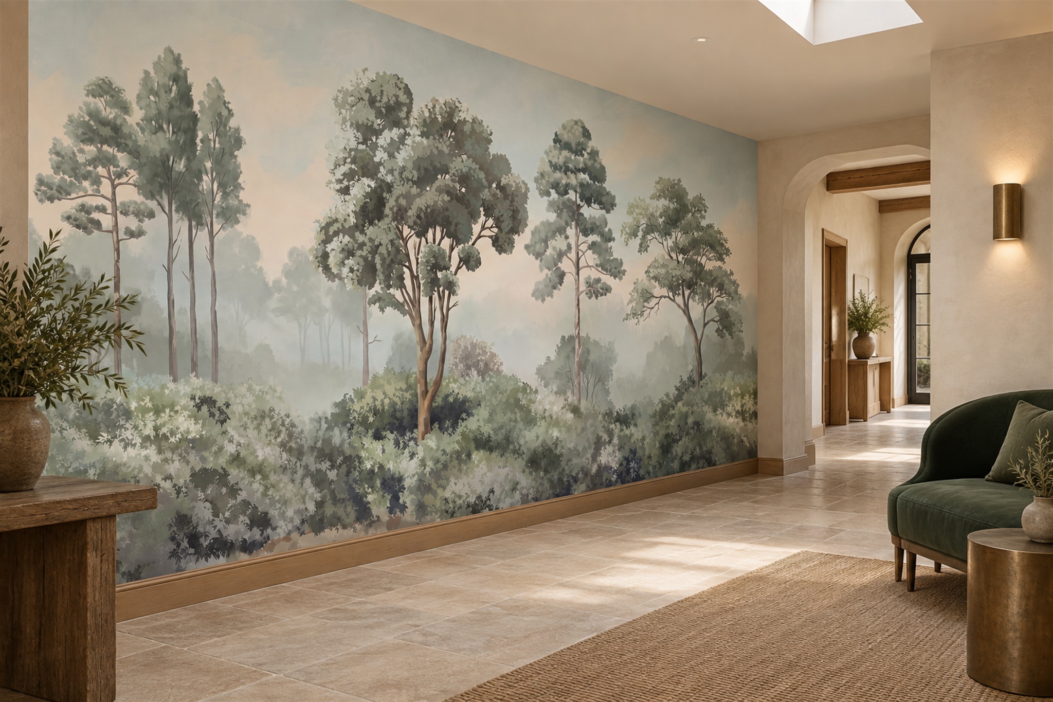 Sage Scenic Scenic Painterly Wallpaper Mural Hallway-wallpaper-murals, Peel-and-stick Finish