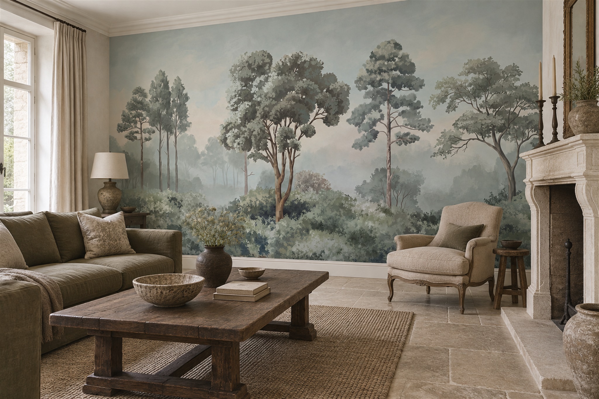 Misty Sage Woodland Trees Wallpaper Mural — Wallpaper Mural Design, Peel-and-stick Finish