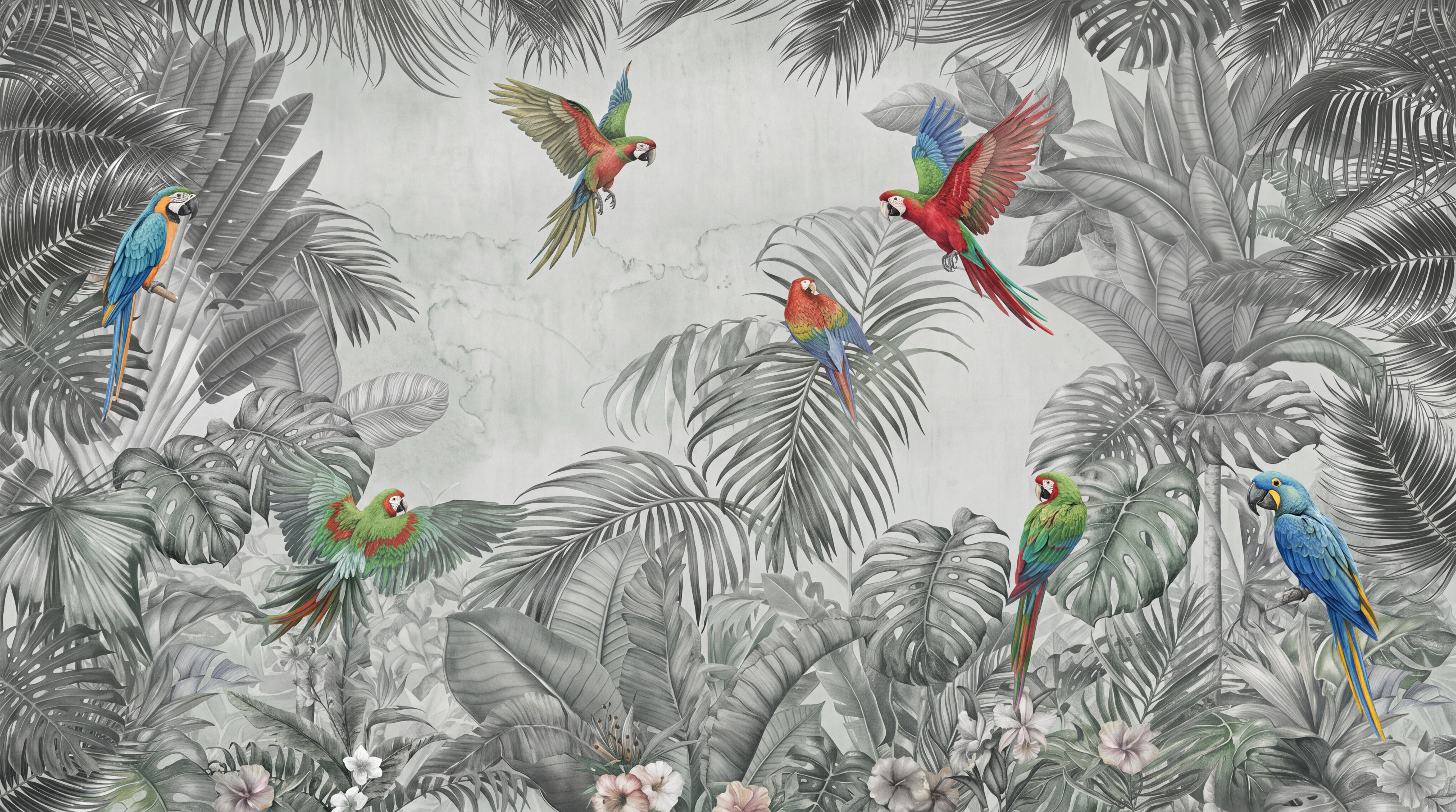 Grey Parrot Illustrated Abstract Wallpaper Mural, Peel-and-stick Finish