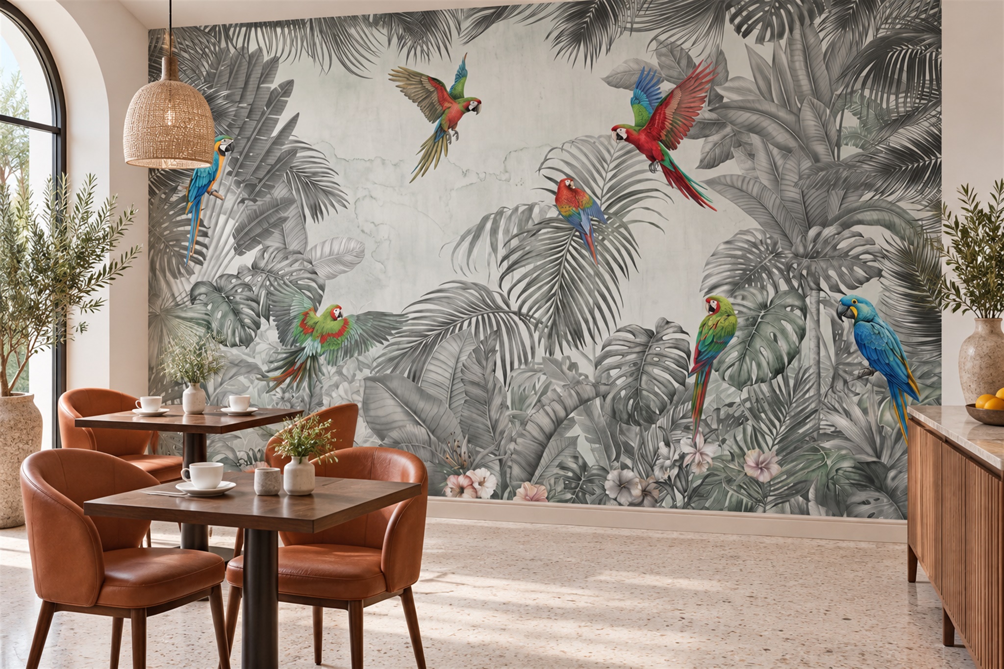 Grey Parrot Illustrated Abstract Wallpaper Mural Dining-room-wallpaper-murals, Peel-and-stick Finish
