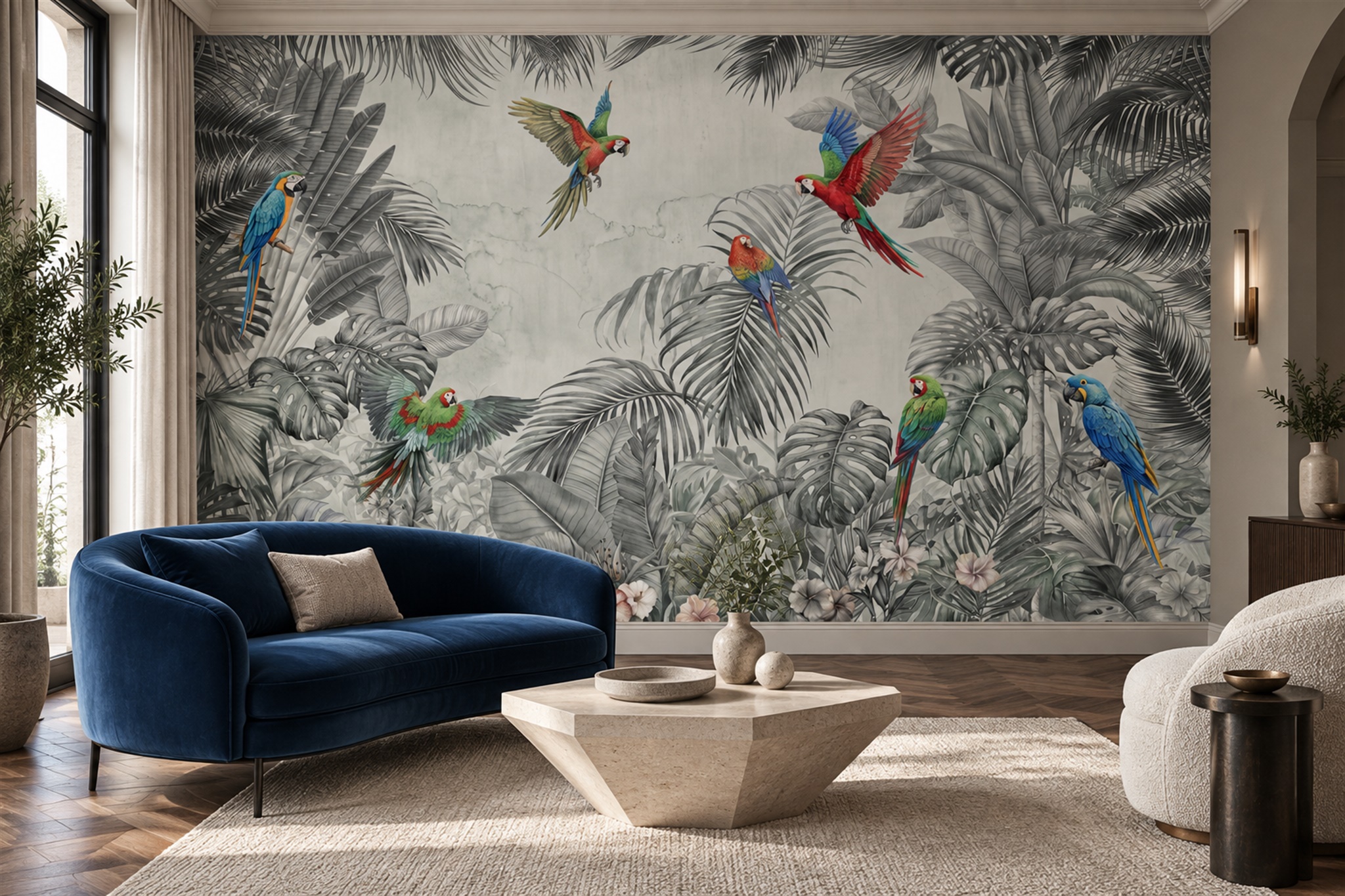 Grey Parrot Illustrated Abstract Wallpaper Mural Accent-wall-wallpaper-murals, Peel-and-stick Finish