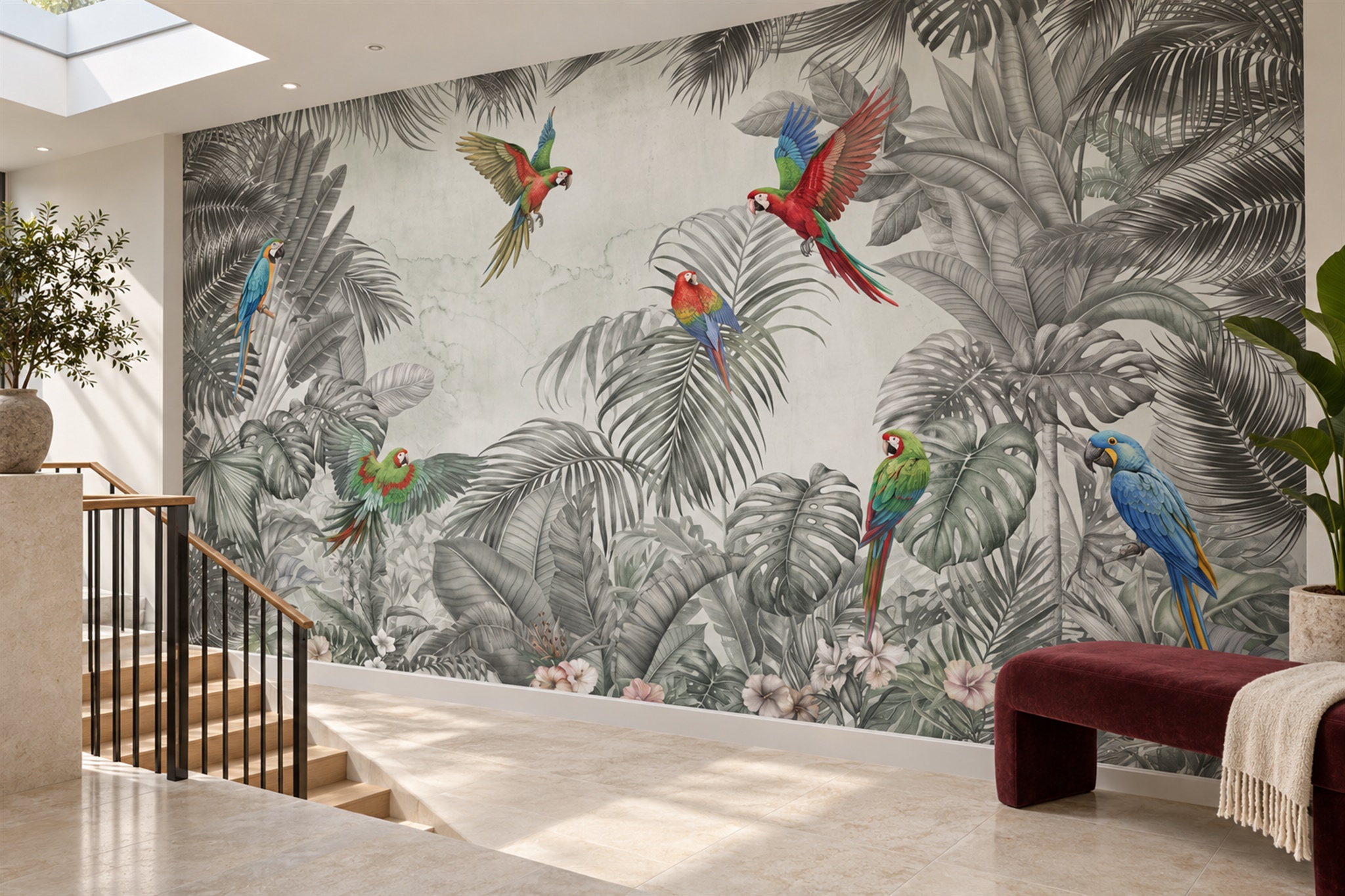 Grey Parrot Illustrated Abstract Wallpaper Mural Accent-wall-wallpaper-murals, Peel-and-stick Finish