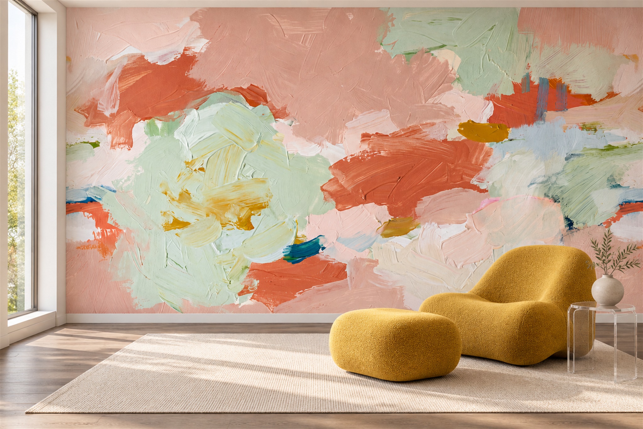 Peach Brushstroke Artful Wallpaper Mural Home-office-wallpaper-murals, Peel-and-stick Finish
