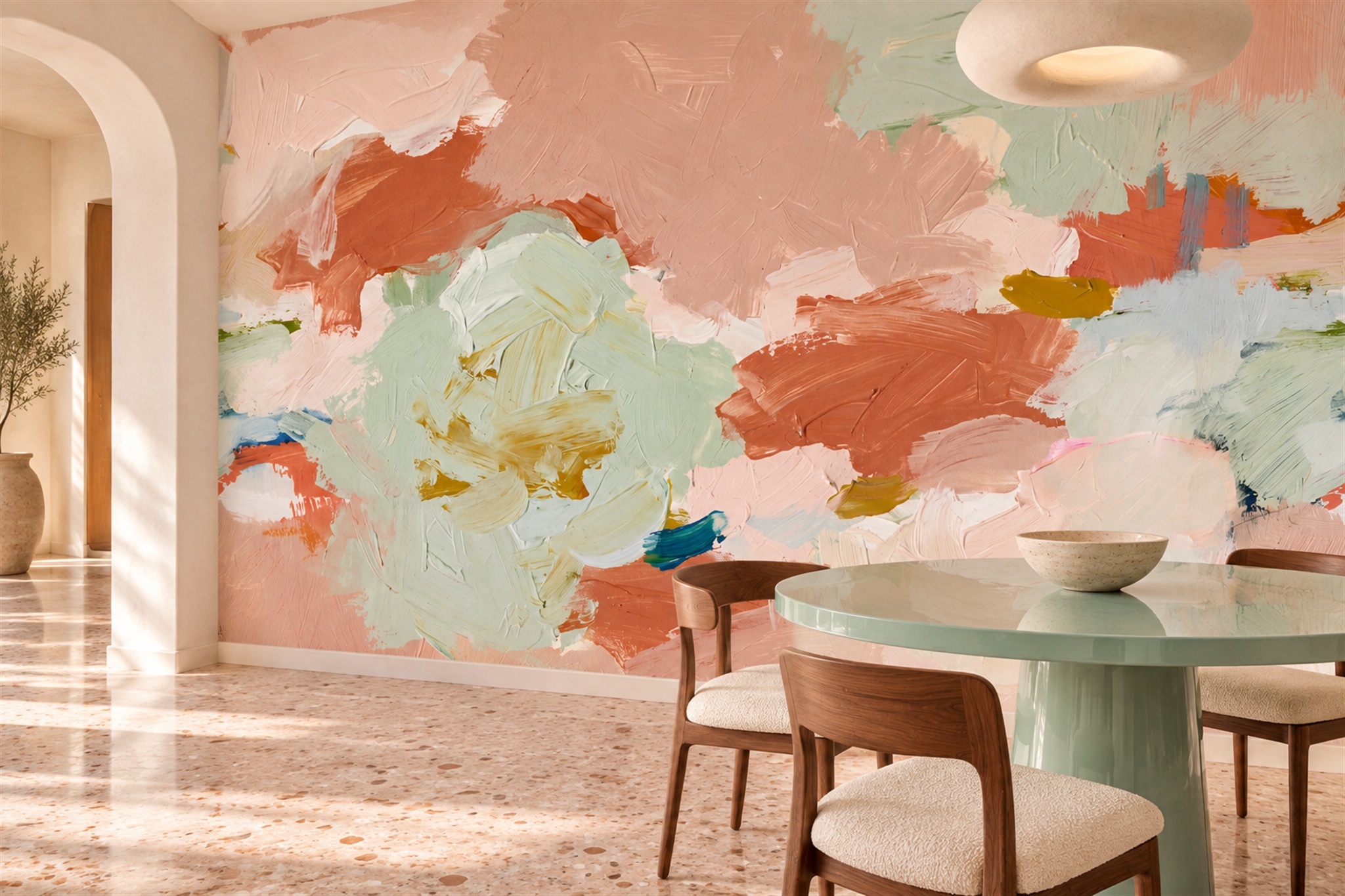 Peach Brushstroke Artful Wallpaper Mural Dining-room-wallpaper-murals, Shown In A Dining Room, Peel-and-stick Finish