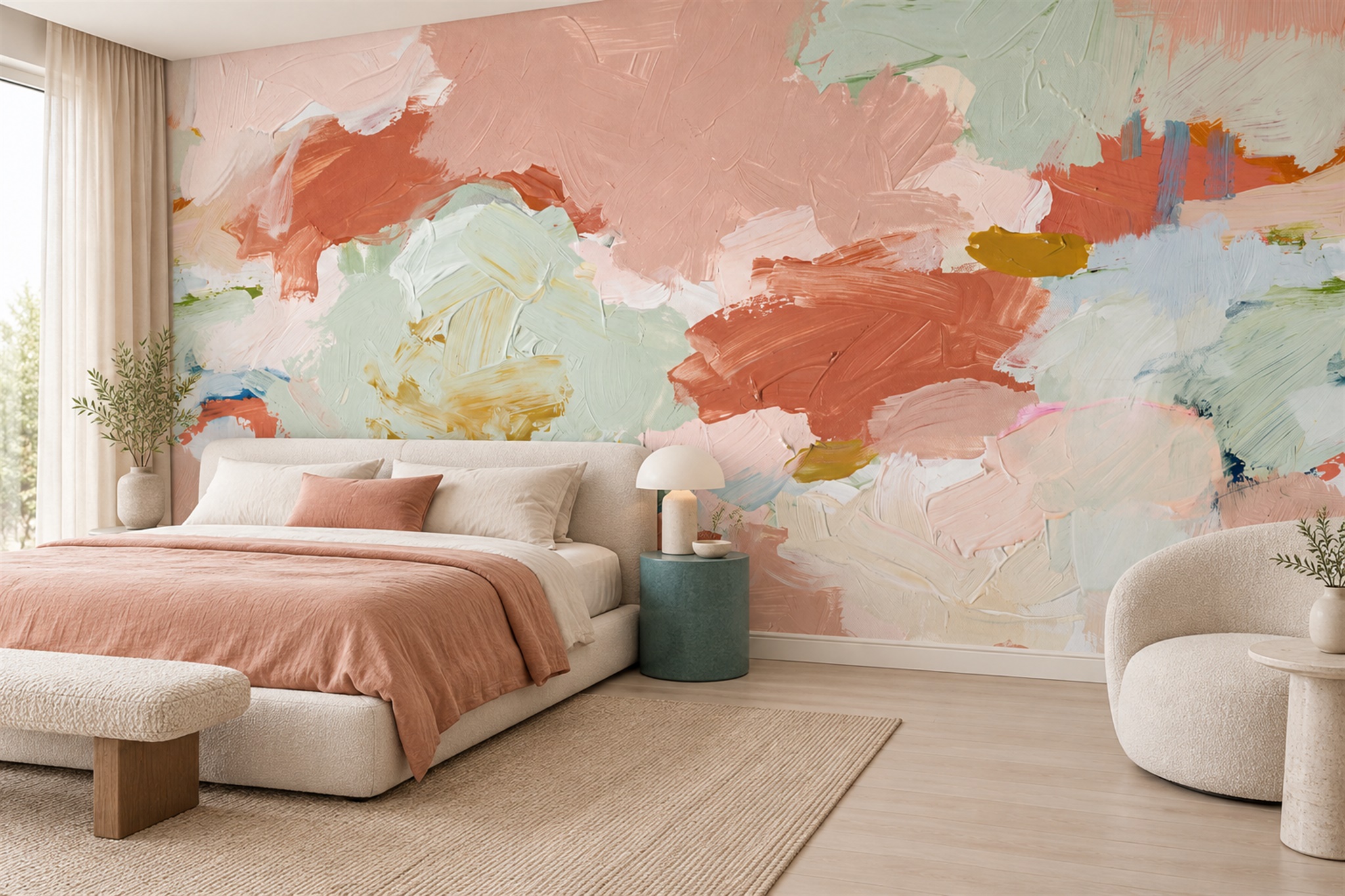 Peach Brushstroke Artful Wallpaper Mural Home-office-wallpaper-murals, Peel-and-stick Finish