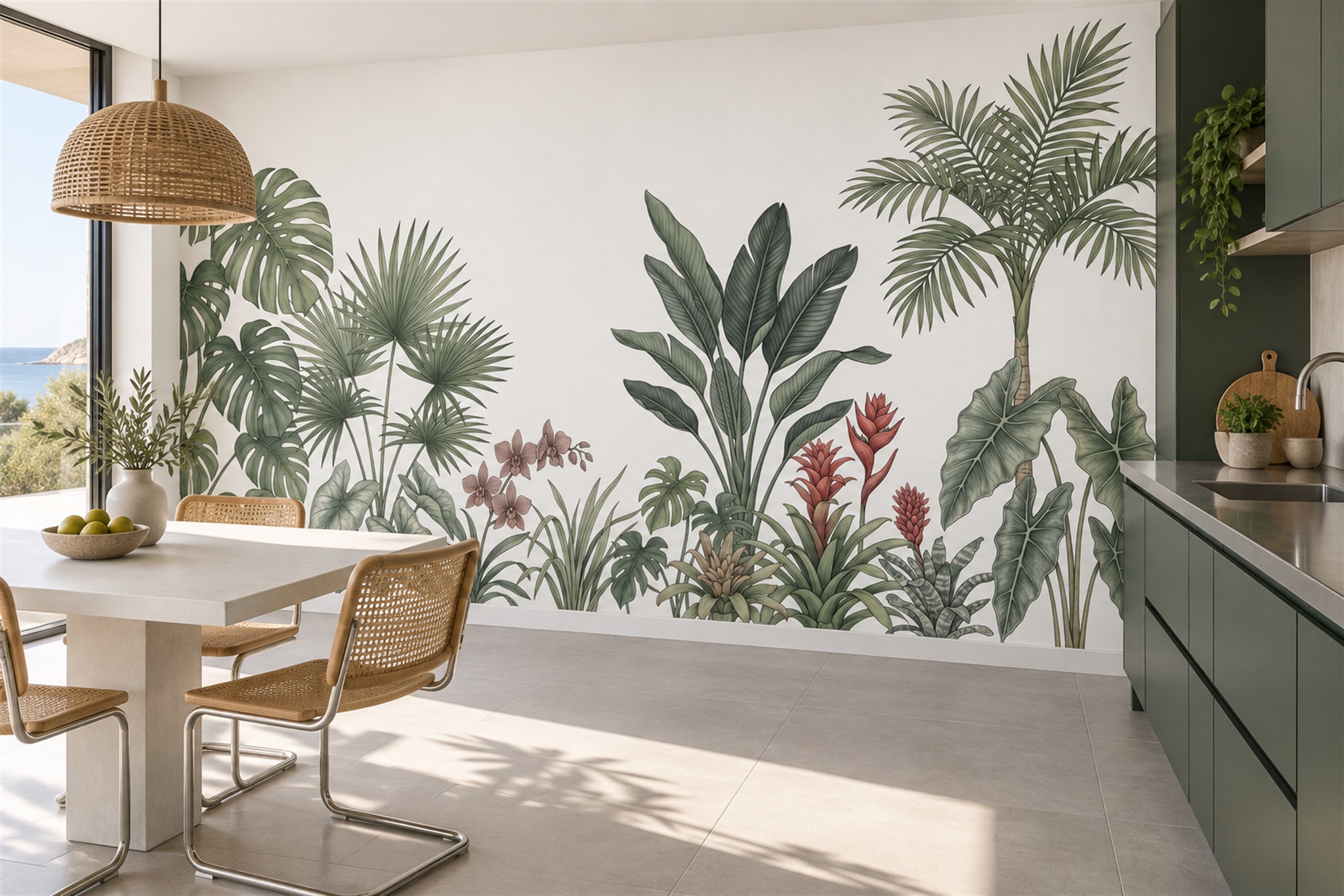 Green Leaf Botanical Decorative Wallpaper Mural Dining-room-wallpaper-murals, Peel-and-stick Finish
