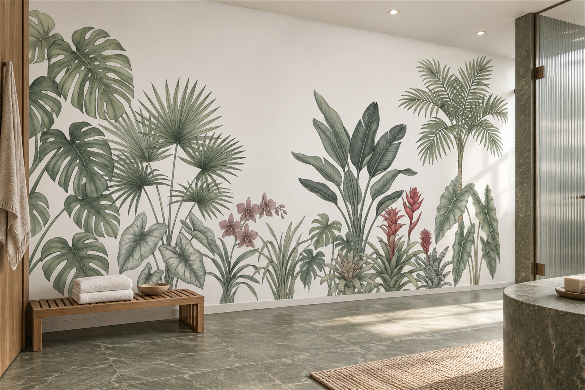 Sage Tropical Leaves And Coral Flowers Wallpaper Mural — Wallpaper Mural Design, Peel-and-stick Finish