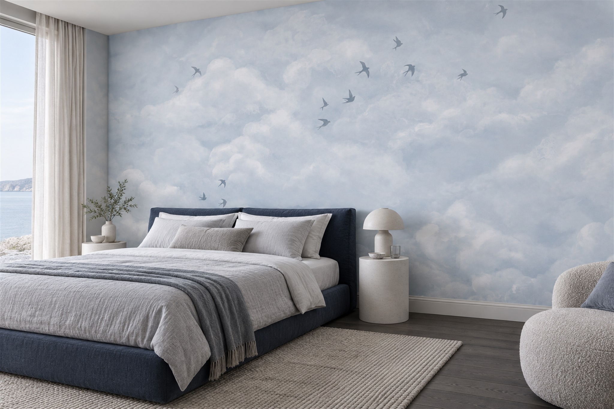 Soft Blue Cloud Sky With Flying Birds Wallpaper Mural — Installed Wallpaper Mural In A Bedroom, Peel-and-stick Finish