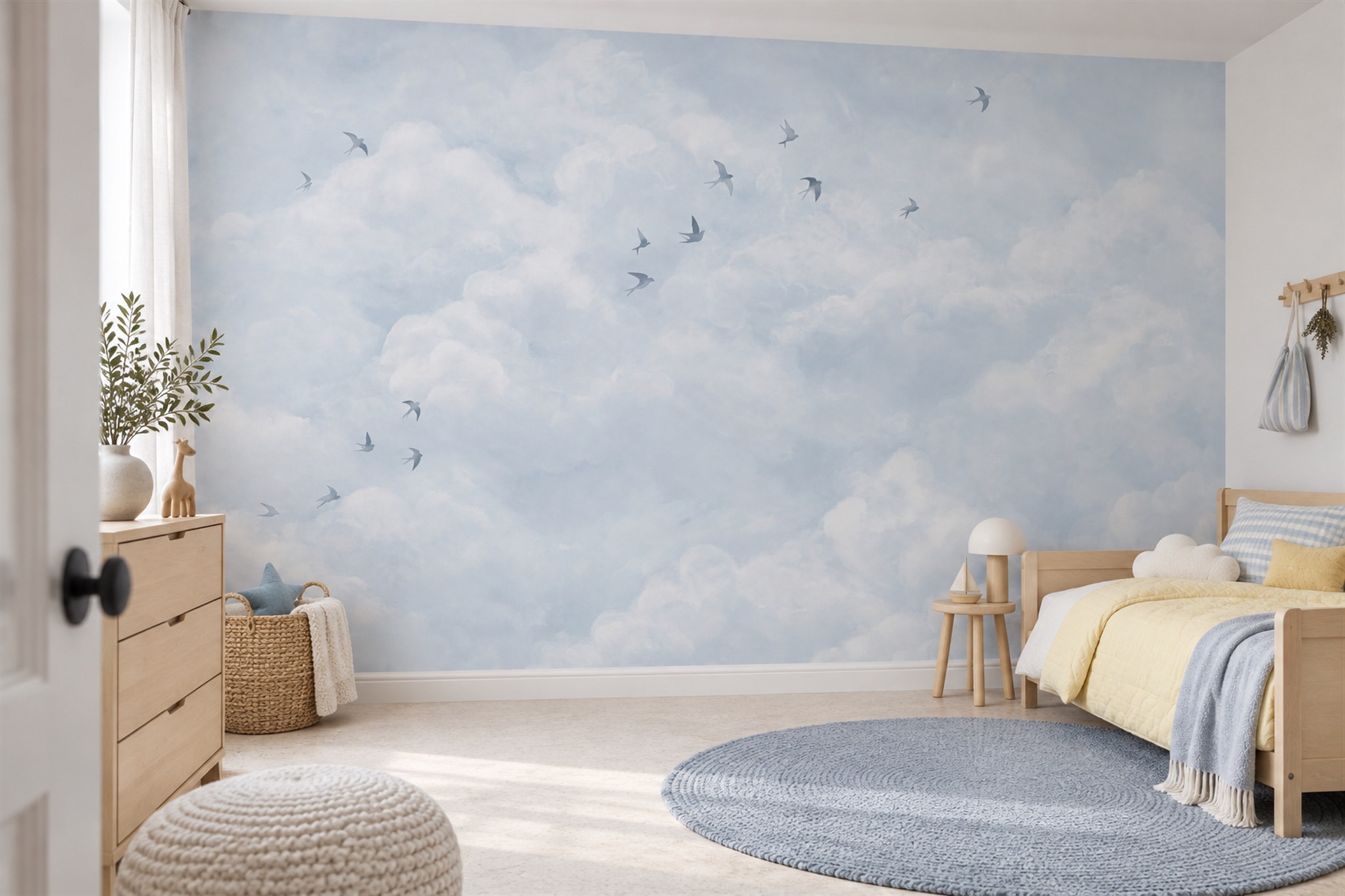 Blue Clouds Artful Painterly Wallpaper Mural Kids-room-wallpaper-murals, Peel-and-stick Finish