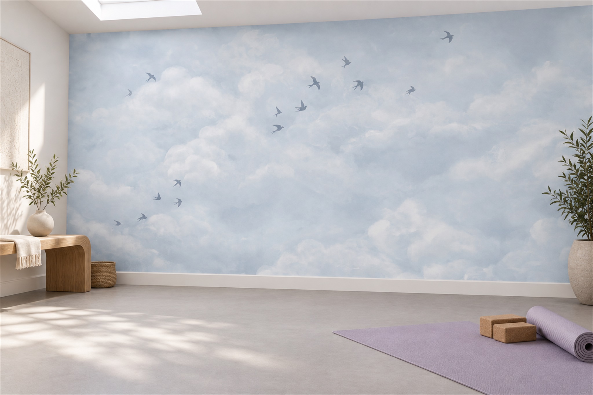 Blue Clouds Artful Painterly Wallpaper Mural Bedroom-wallpaper-murals, Peel-and-stick Finish