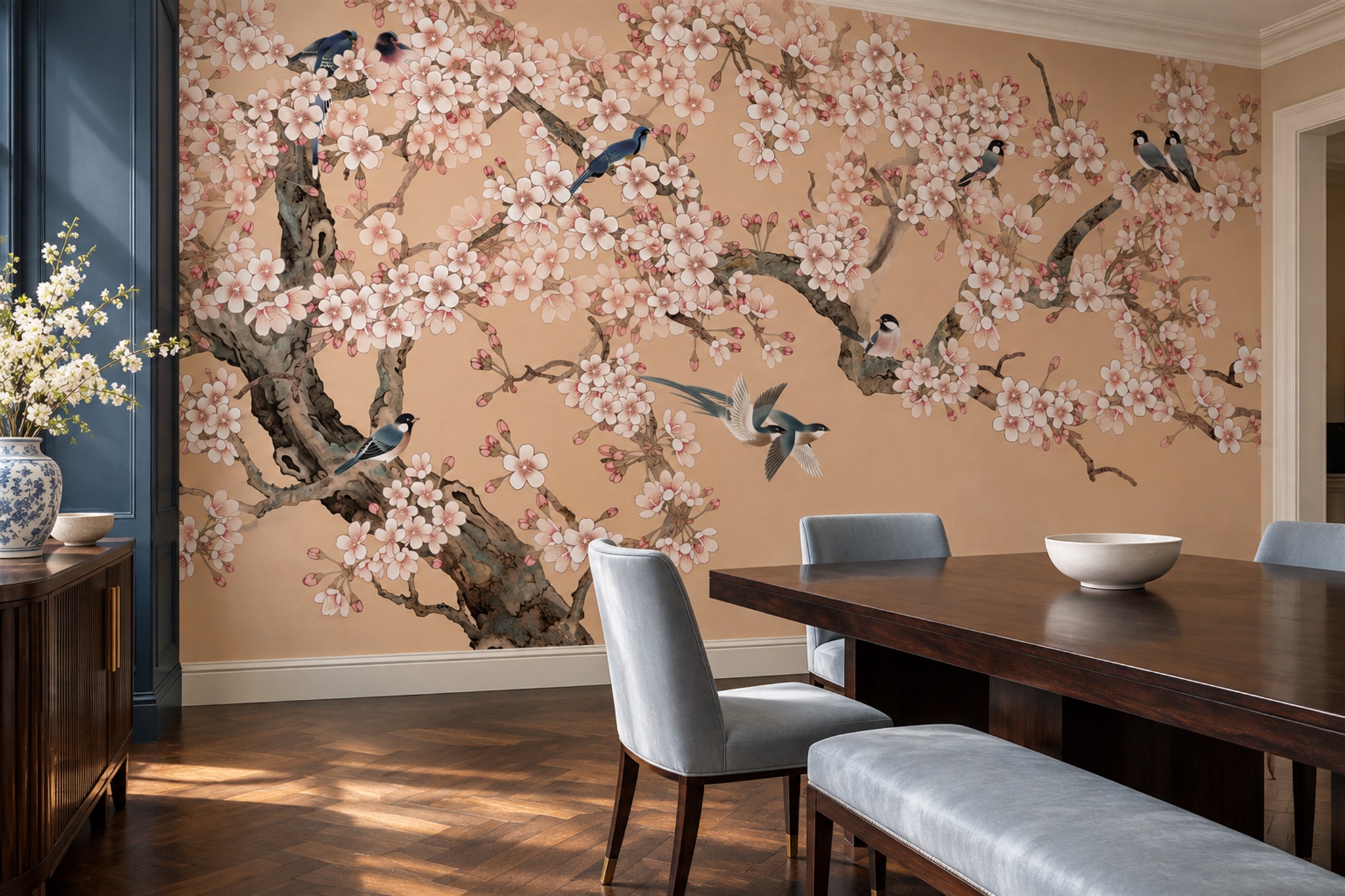 Peach Blossom Botanical Wallpaper Mural Dining-room-wallpaper-murals, Peel-and-stick Finish