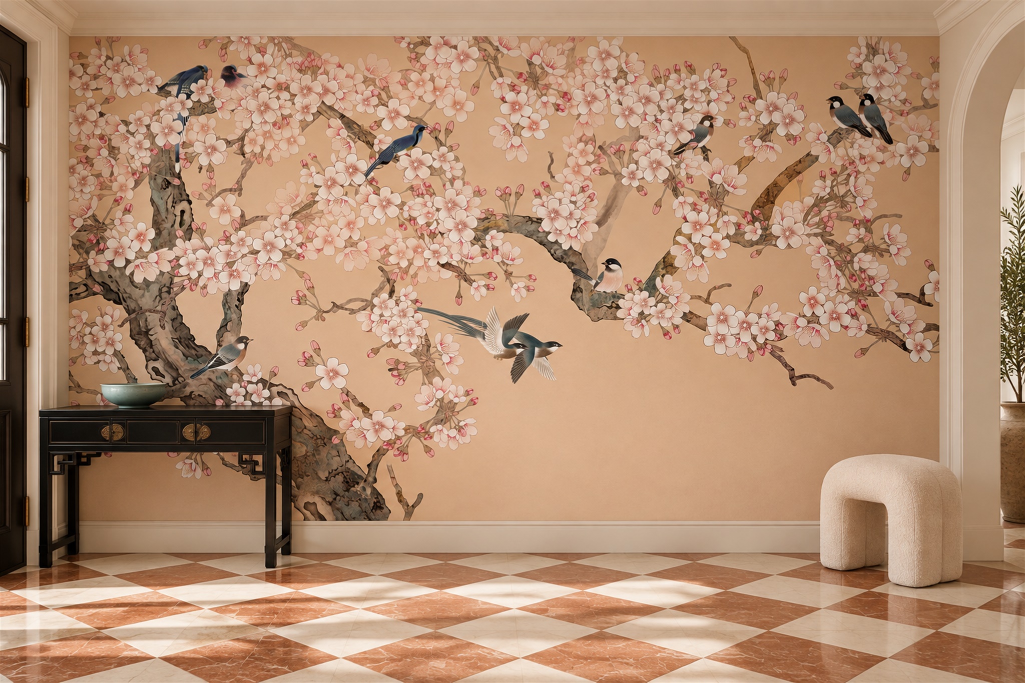 Peach Blossom Botanical Wallpaper Mural Entryway-wallpaper-murals, Peel-and-stick Finish