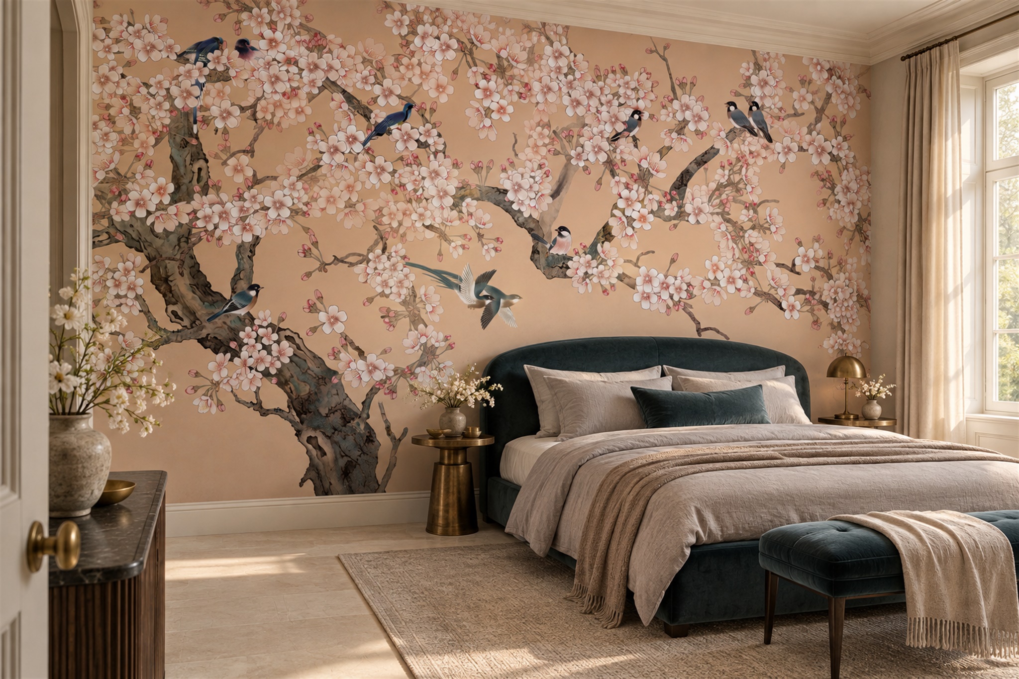 Peach Blossom Botanical Wallpaper Mural Bedroom-wallpaper-murals, Peel-and-stick Finish