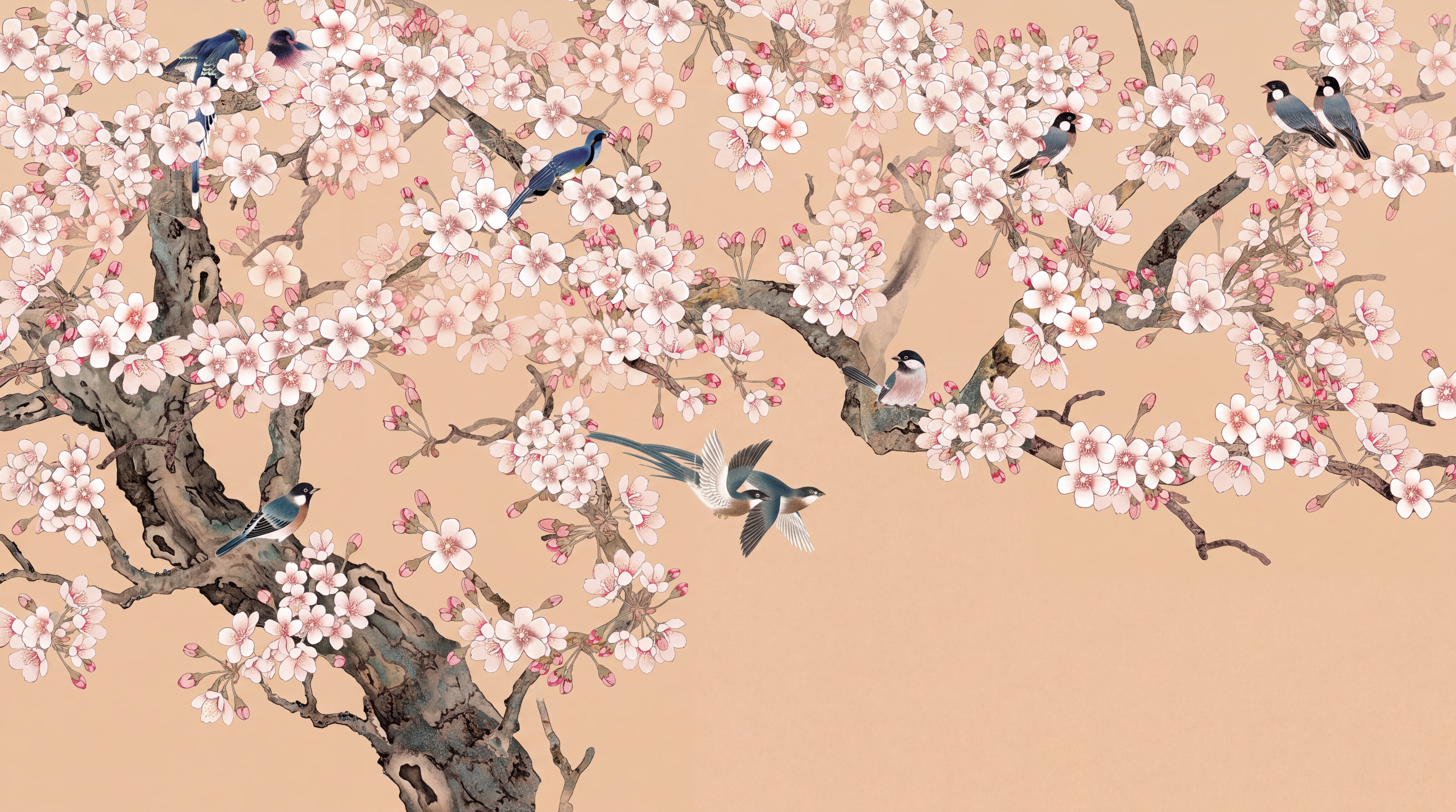 Peach Blossom Botanical Wallpaper Mural Bedroom-wallpaper-murals, Peel-and-stick Finish