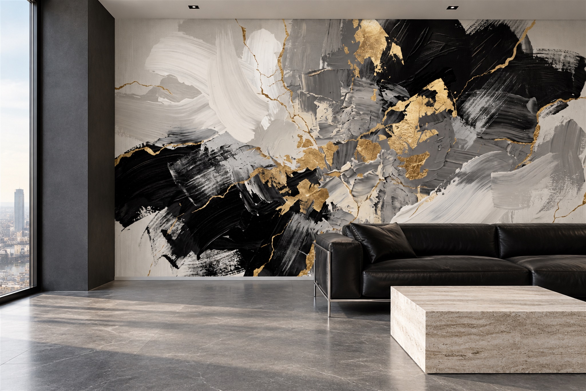 Black Marble Decorative Layered Wallpaper Mural Accent-wall-wallpaper-murals, Peel-and-stick Finish