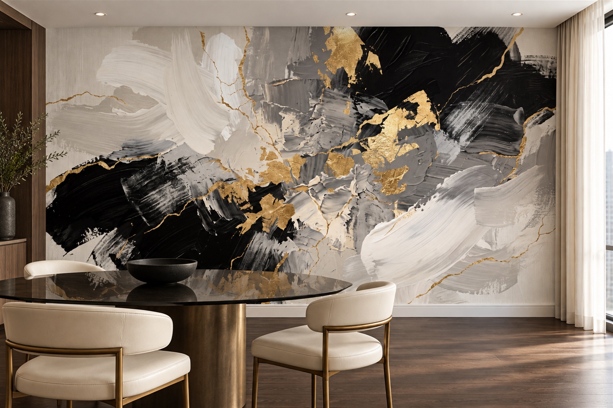 Black Marble Decorative Layered Wallpaper Mural Dining-room-wallpaper-murals, Shown In A Dining Room, Peel-and-stick Finish