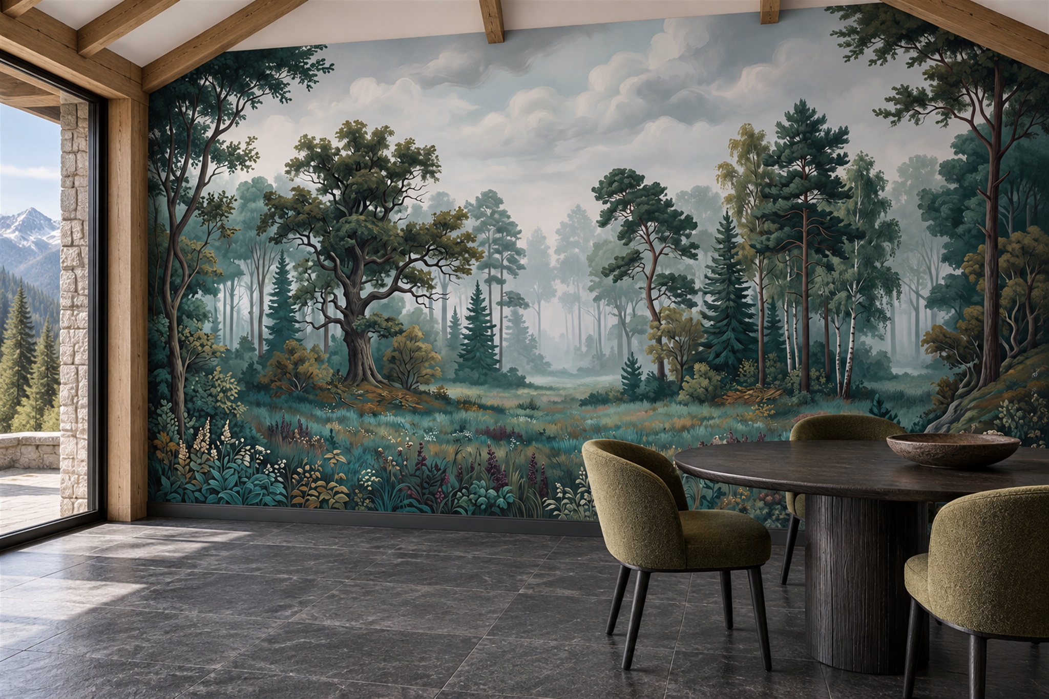 Teal Forest Scenic Decorative Wallpaper Mural Dining-room-wallpaper-murals, Shown In A Dining Room, Peel-and-stick Finish