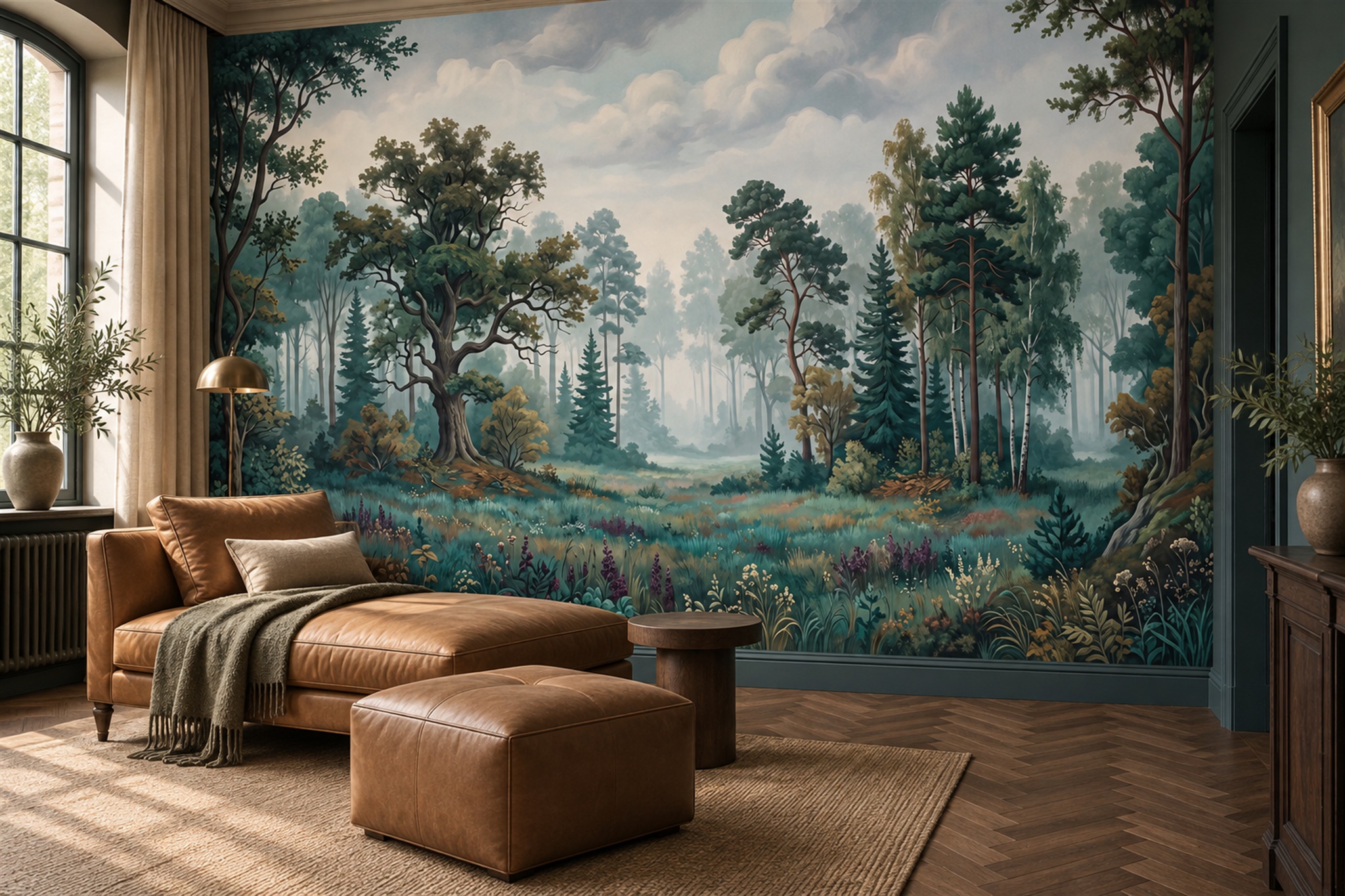 Teal Woodland River And Trees Wallpaper Mural — Wallpaper Mural Design, Peel-and-stick Finish