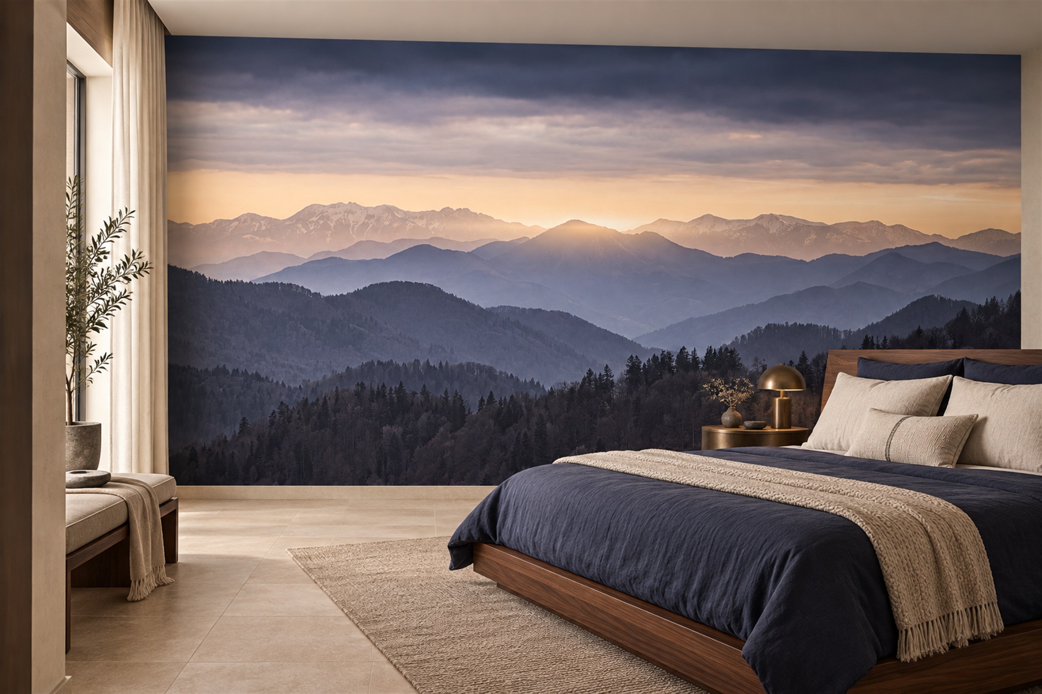 Blue Mountain Scenic Wallpaper Mural Bedroom-wallpaper-murals, Peel-and-stick Finish