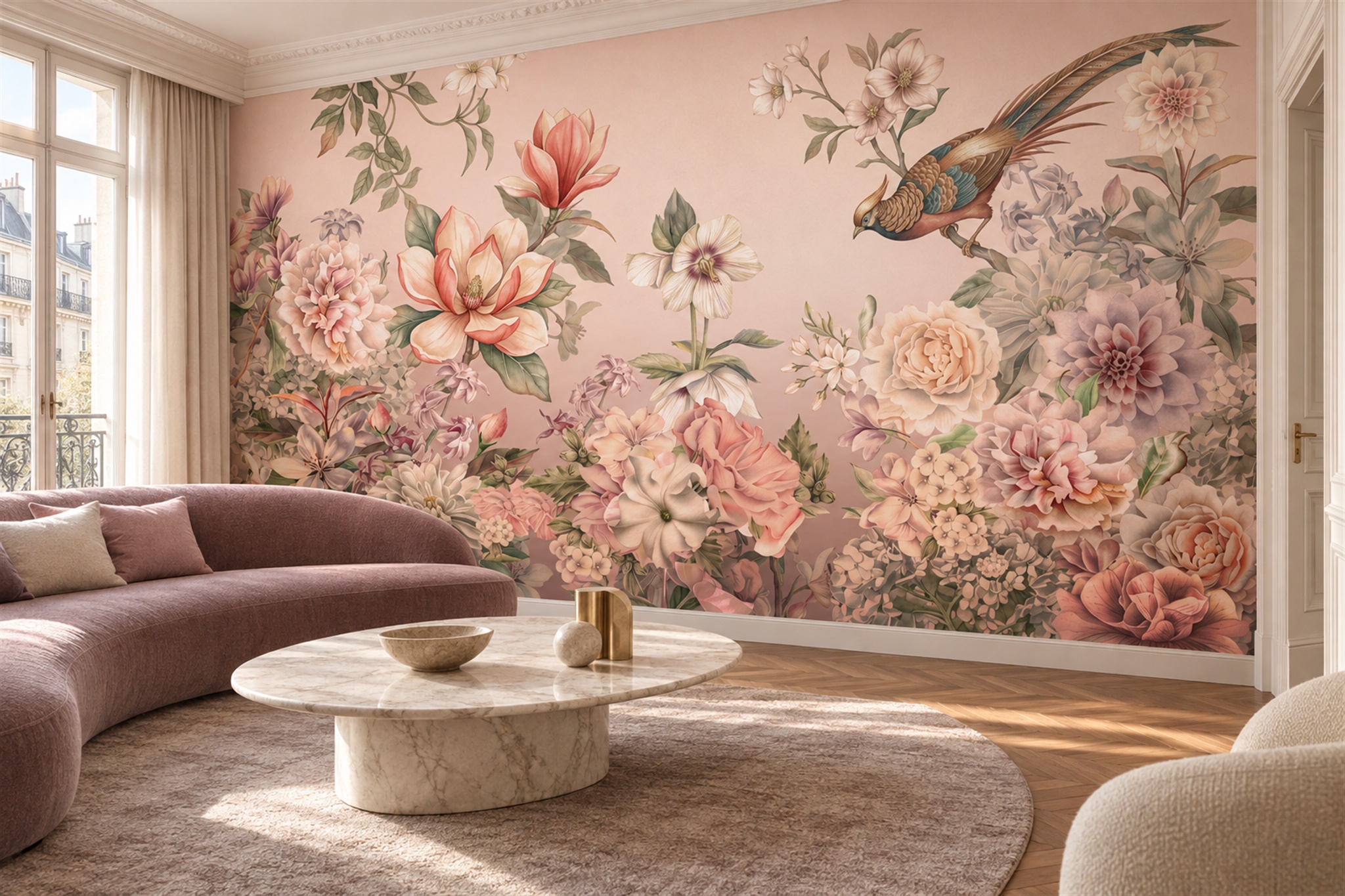 Long-tailed Bird Among Peach-toned Garden Flowers Wallpaper Mural — Wallpaper Mural Design, Peel-and-stick Finish