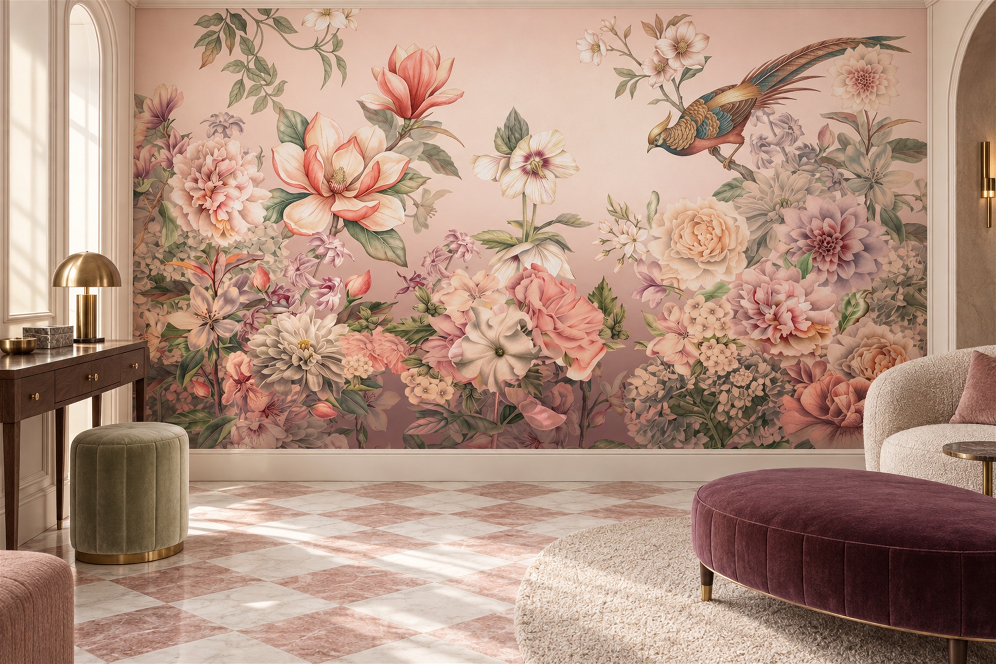 Peach Bird Illustrated Wallpaper Mural Accent-wall-wallpaper-murals, Peel-and-stick Finish