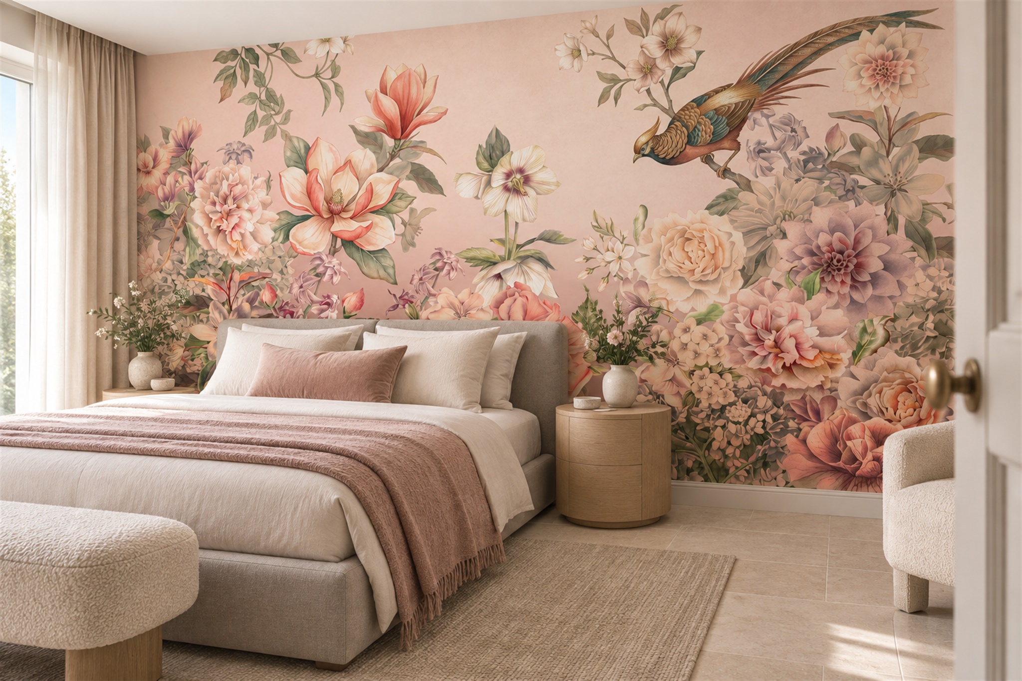 Peach Bird Illustrated Wallpaper Mural Bedroom-wallpaper-murals, Peel-and-stick Finish