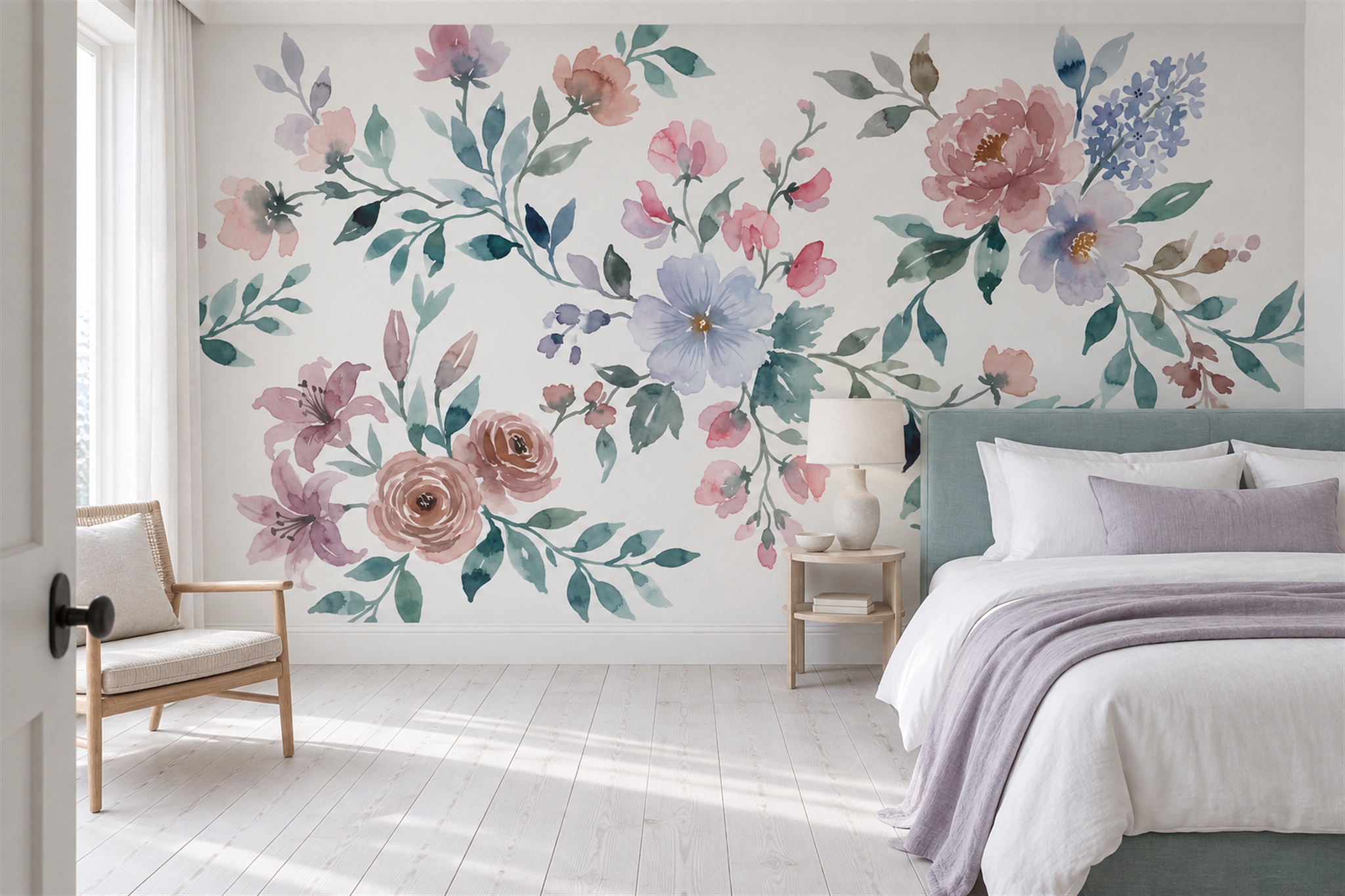Pink Floral Botanical Vintage Wallpaper Mural Bedroom-wallpaper-murals, Peel-and-stick Finish