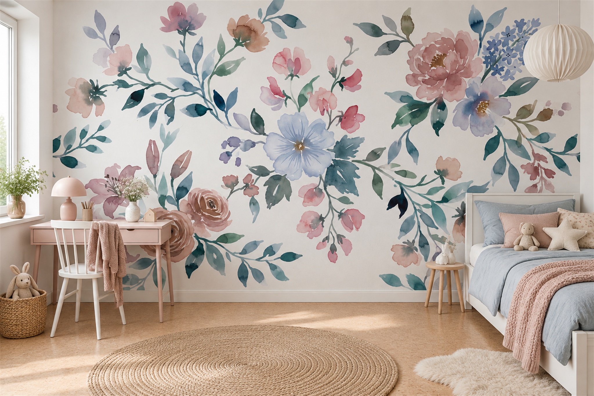 Pink Roses And Blue Blossom Floral Wallpaper Mural — Wallpaper Mural Design, Peel-and-stick Finish