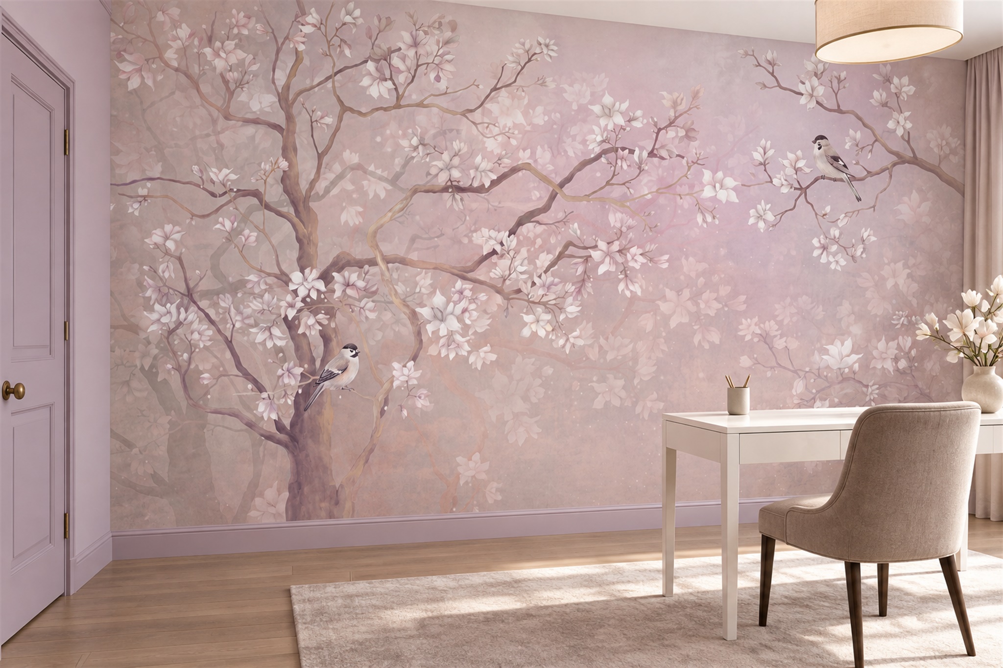 Blush Blossom Botanical Decorative Wallpaper Mural Home-office-wallpaper-murals, Shown In A Home Office, Peel-and-stick Finish