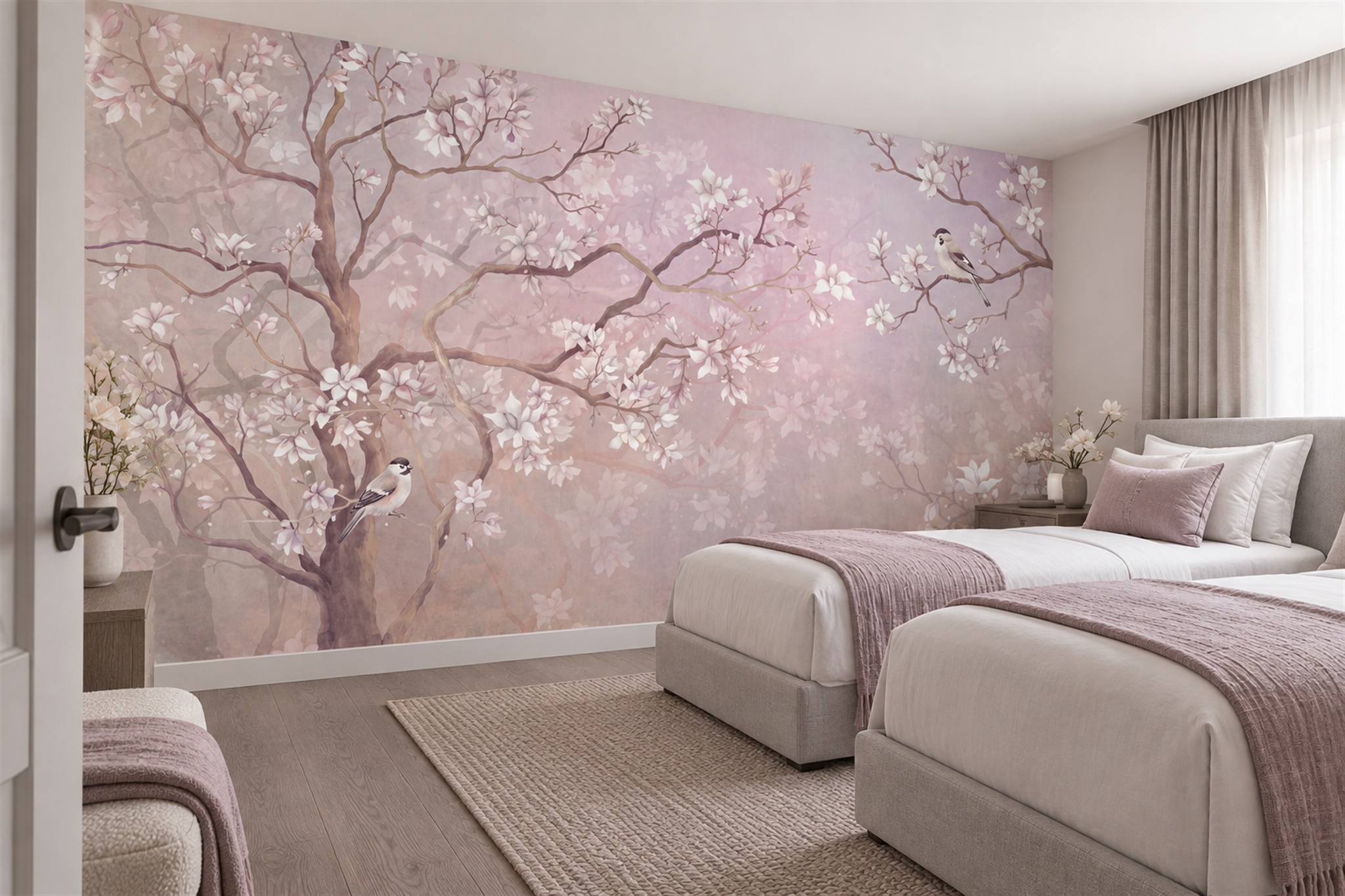 Blush Magnolia Branches And Small Birds Wallpaper Mural — Installed Wallpaper Mural In A Bedroom, Peel-and-stick Finish