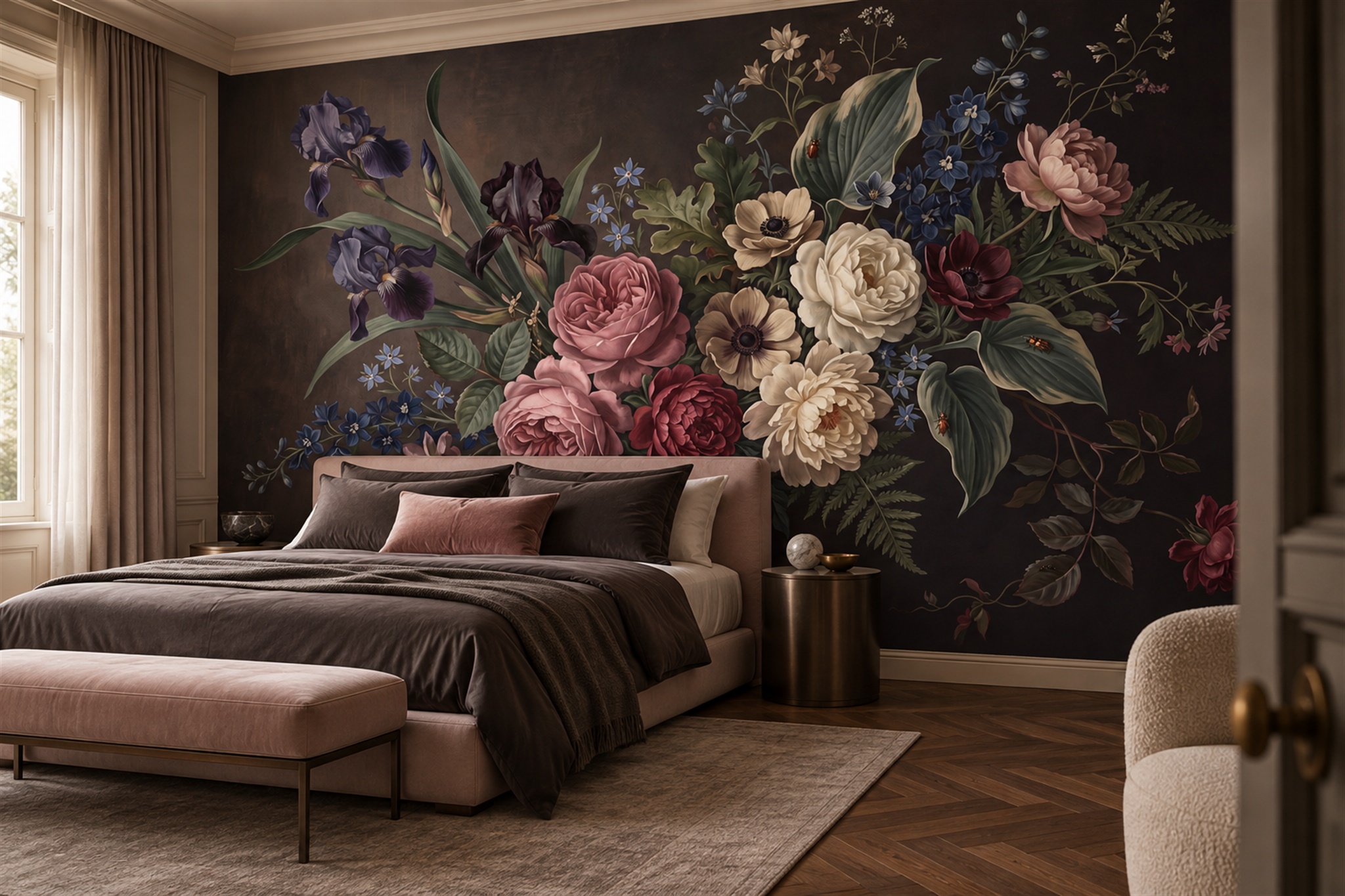 Neutral Bouquet Botanical Abstract Wallpaper Mural Bedroom-wallpaper-murals, Peel-and-stick Finish