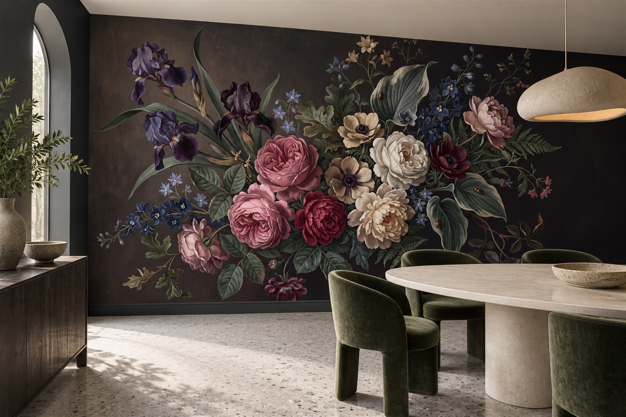 Pink And Burgundy Flower Bouquet On A Dark Ground Wallpaper Mural — Wallpaper Mural Design, Peel-and-stick Finish