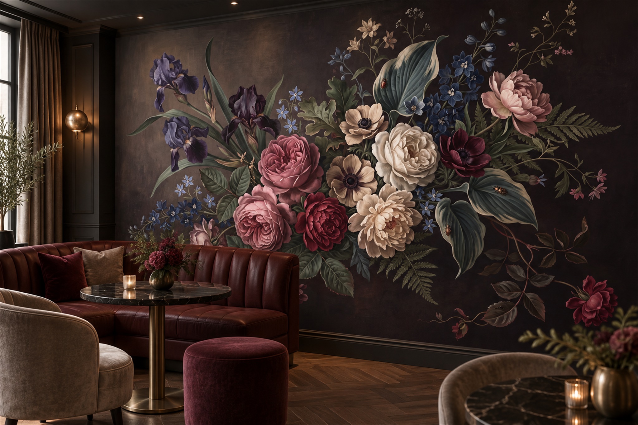 Neutral Bouquet Botanical Abstract Wallpaper Mural Dining-room-wallpaper-murals, Peel-and-stick Finish