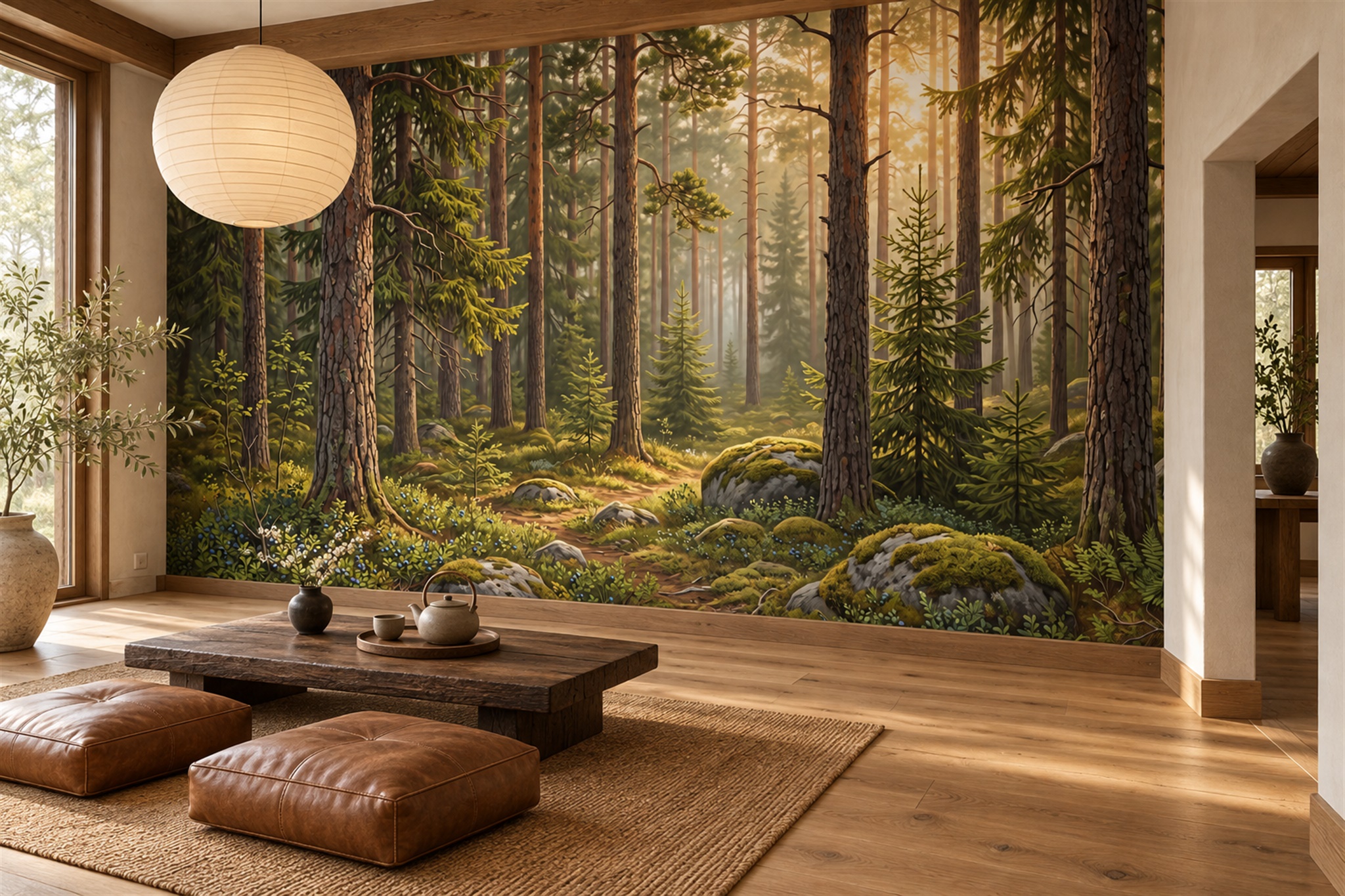 Green Forest Scenic Layered Wallpaper Mural Accent-wall-wallpaper-murals, Peel-and-stick Finish