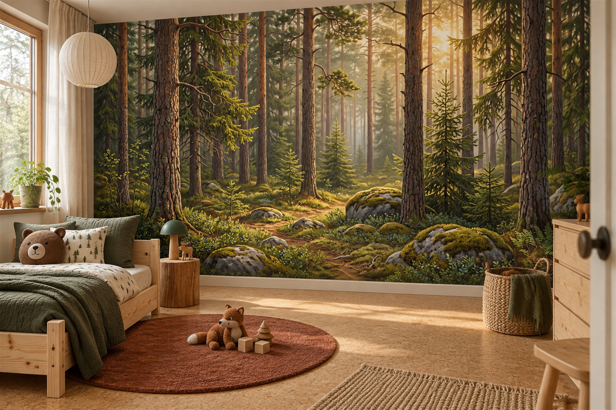Sunlit Evergreen Forest And Moss Wallpaper Mural — Wallpaper Mural Design, Peel-and-stick Finish