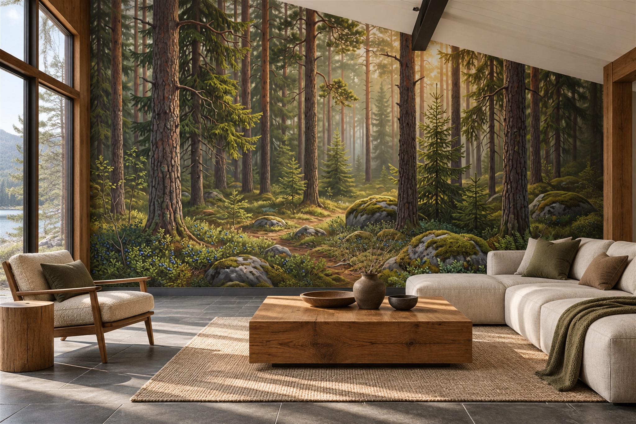 Green Forest Scenic Layered Wallpaper Mural Feature-wall-wallpaper-murals, Peel-and-stick Finish