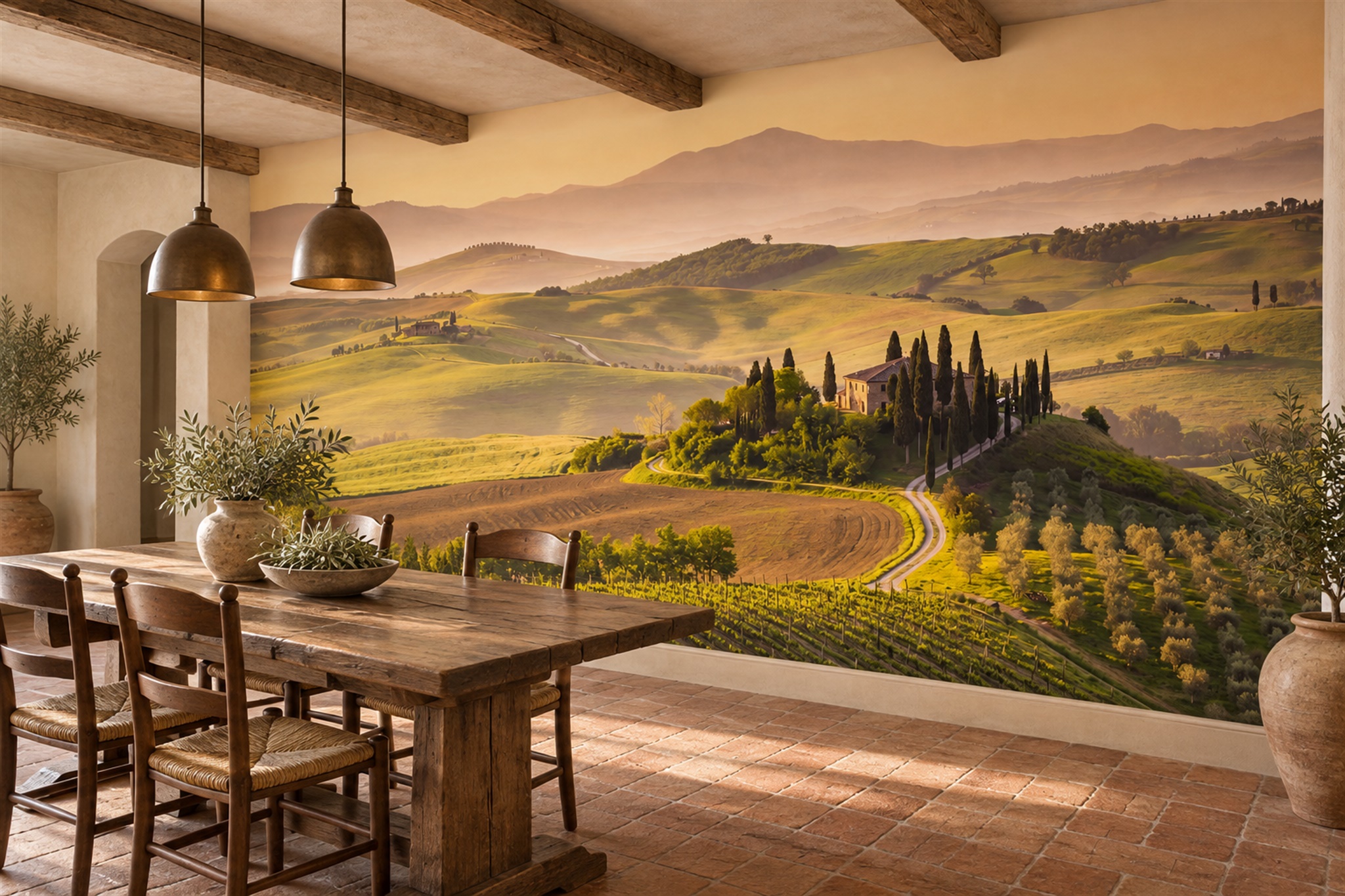 Golden Tuscan Hills With Cypress And Vineyard Wallpaper Mural — Wallpaper Mural Design, Peel-and-stick Finish