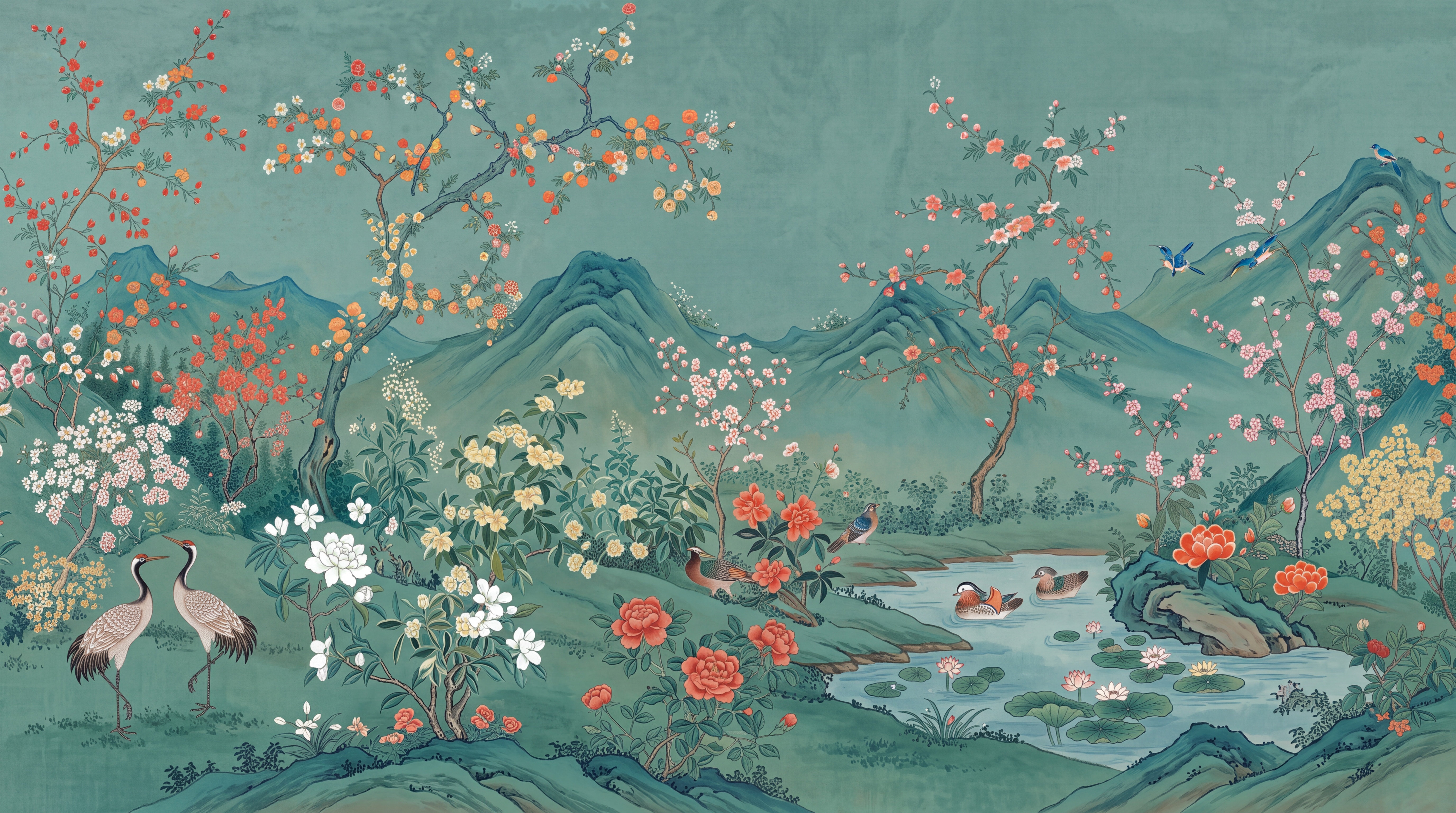 Teal Crane Illustrated Abstract Wallpaper Mural, Peel-and-stick Finish