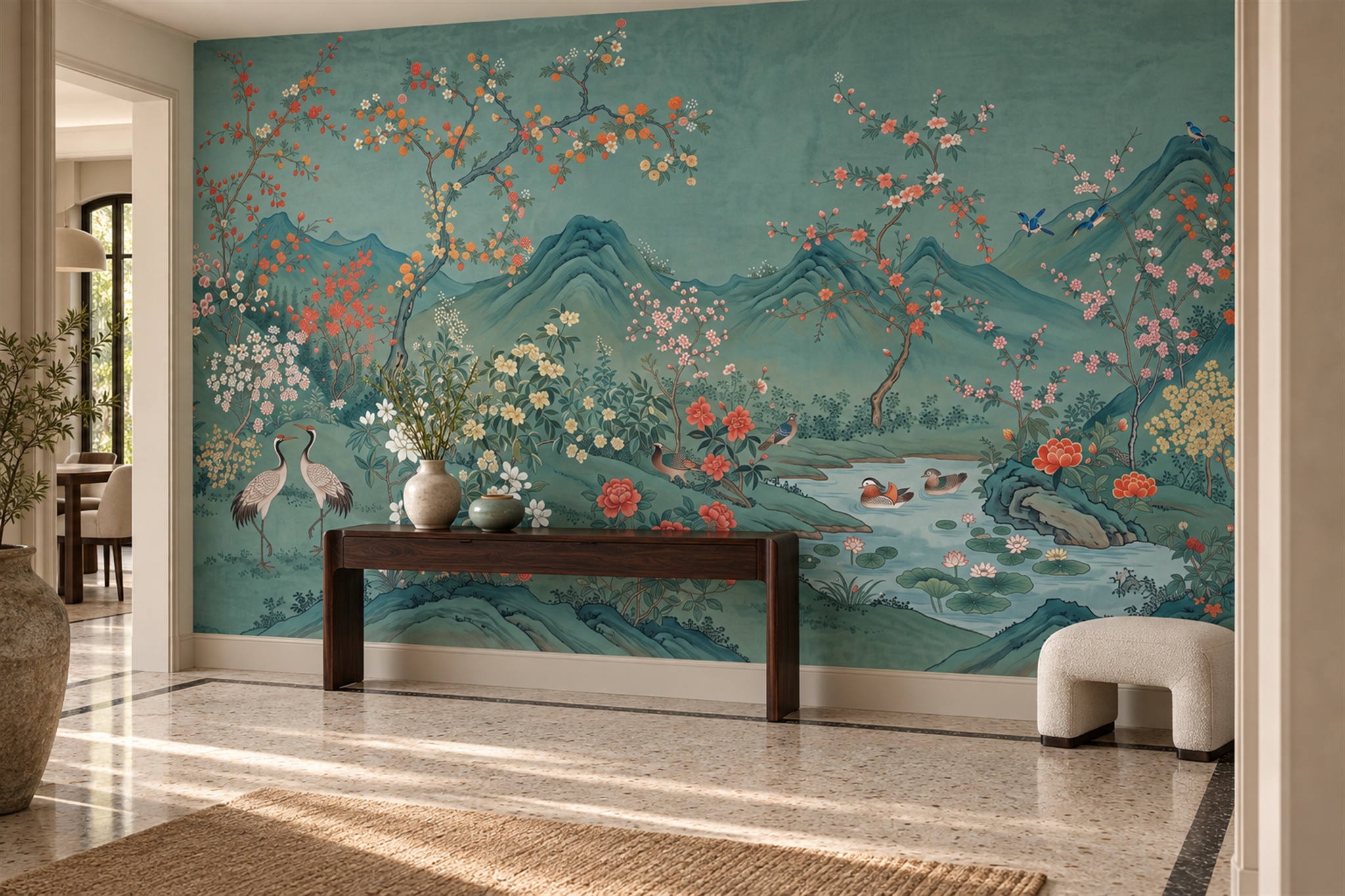 Teal Crane Illustrated Abstract Wallpaper Mural Entryway-wallpaper-murals, Peel-and-stick Finish