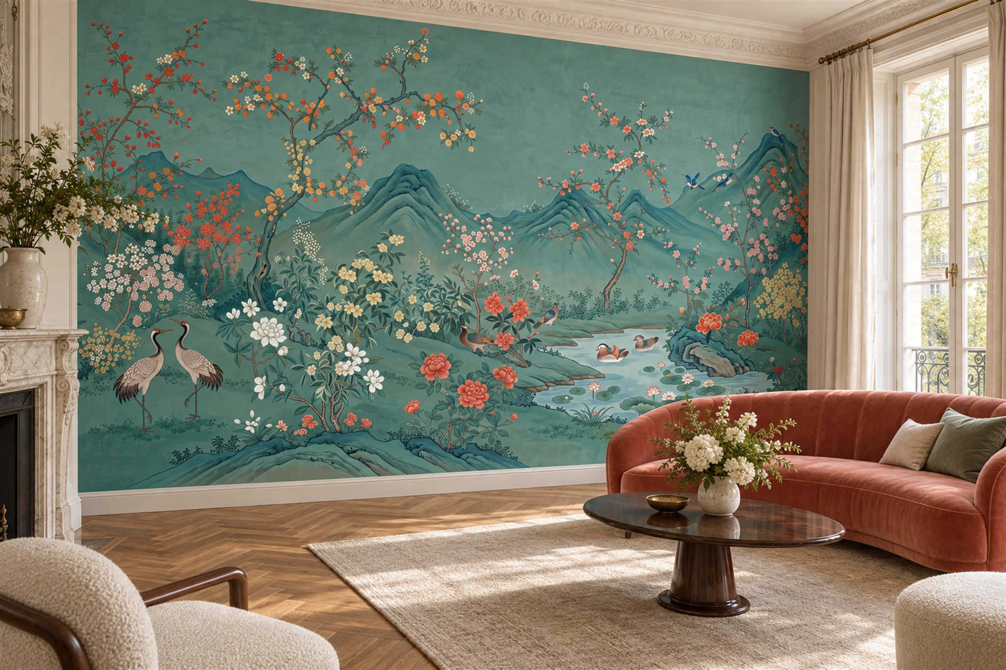 Teal Crane Illustrated Abstract Wallpaper Mural Living-room-wallpaper-murals, Shown In A Living Room, Peel-and-stick Finish