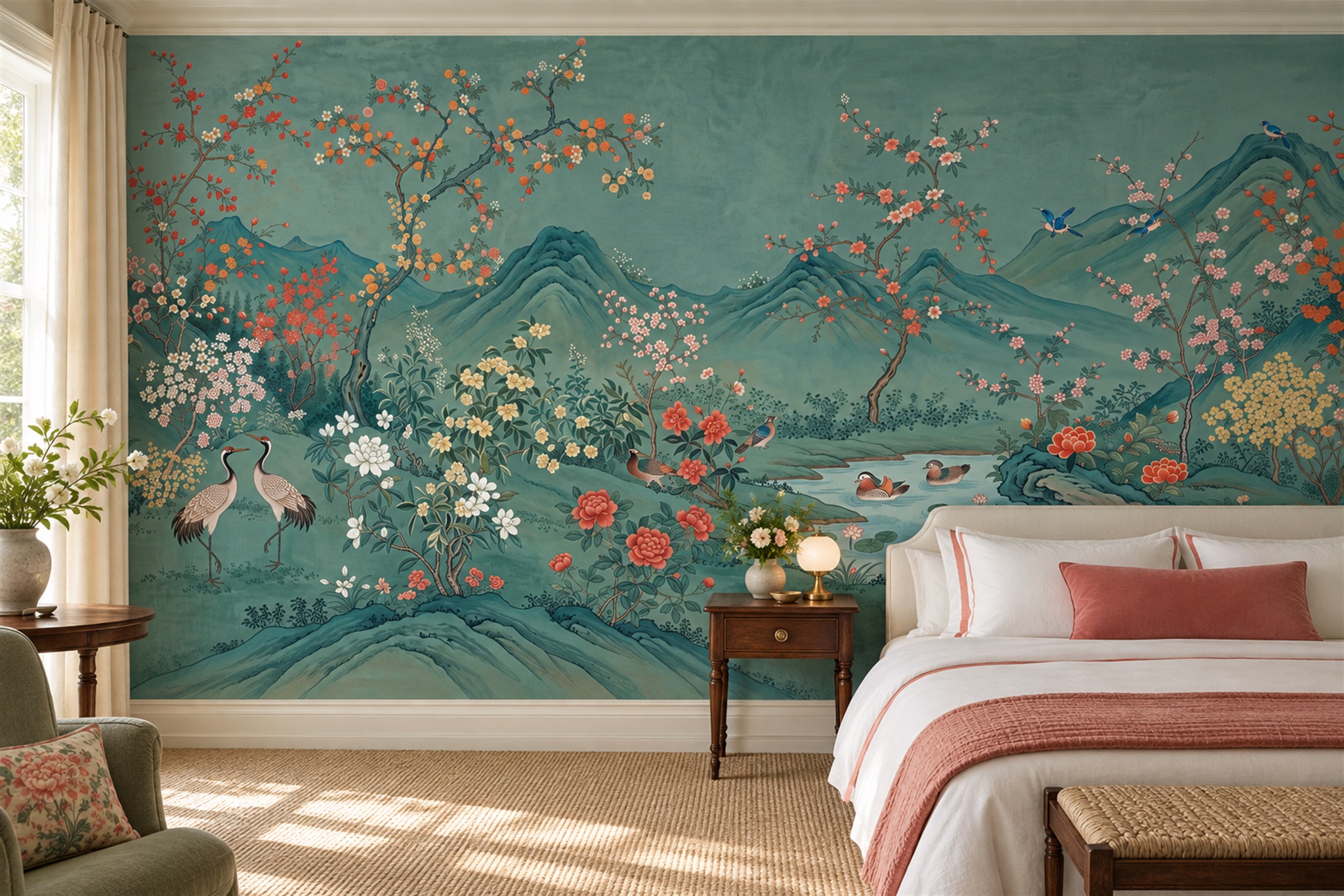 Teal Pond Landscape With Cranes And Flowering Branches Wallpaper Mural — Installed Wallpaper Mural In A Bedroom, Peel-and-stick Finish