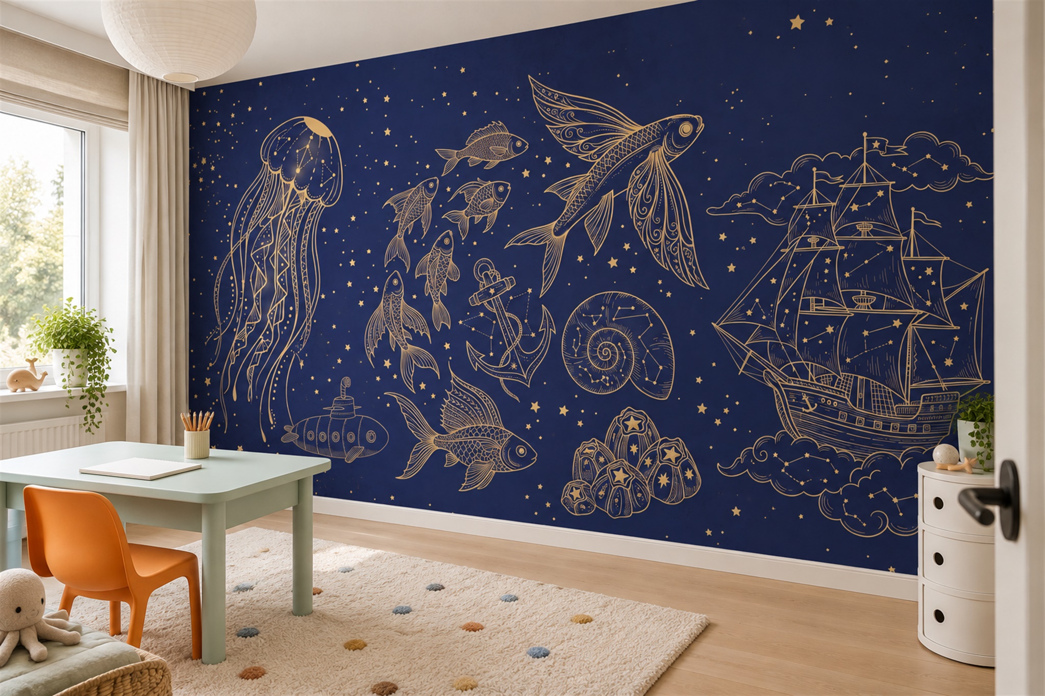 Navy Pattern Decorative Illustrated Wallpaper Mural Home-office-wallpaper-murals, Shown In A Home Office, Peel-and-stick Finish